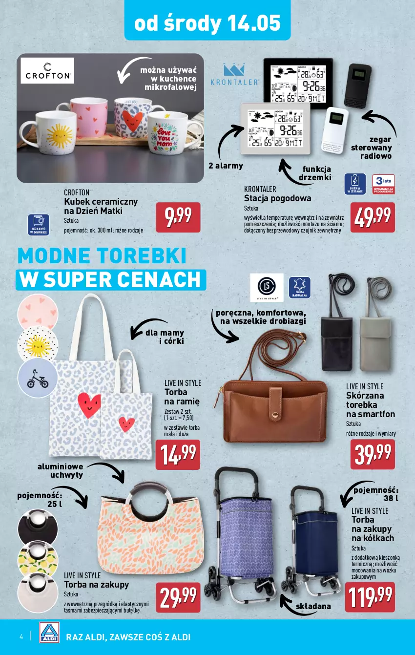 Gazetka promocyjna Aldi - Artykuły przemysłowe i tekstylia - ważna 14.05 do 17.05.2025 - strona 4 - produkty: Bateria, Bezprzewodowy czujnik, Czujnik zewnętrzny, Fa, Kubek, Piec, Por, Smartfon, Stacja pogodowa, Torba, Torba na zakupy, Torebka, Uchwyty, Zegar