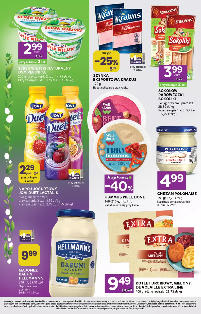 Gazetka promocyjna Stokrotka - Stokrotka Express - ważna 19.03 do 25.03.2026 - strona 4 - produkty: Chrzan, Hummus, Jogurt, Kotlet, Krakus, Majonez, Mięso, Mus, Napój, Napój jogurtowy, Owoce, Por, Pur, Ser, Sok, Sokołów, Sport, Szynka, Warzywa