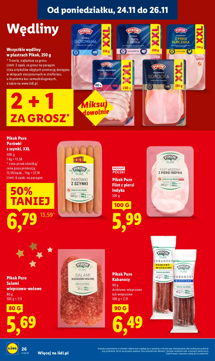 Gazetka promocyjna Lidl - GAZETKA - ważna 24.11 do 26.11.2025 - strona 26 - produkty: Filet z piersi indyka, Kabanos, Parówki, Parówki z szynki, PIKOK, Pur, Salami