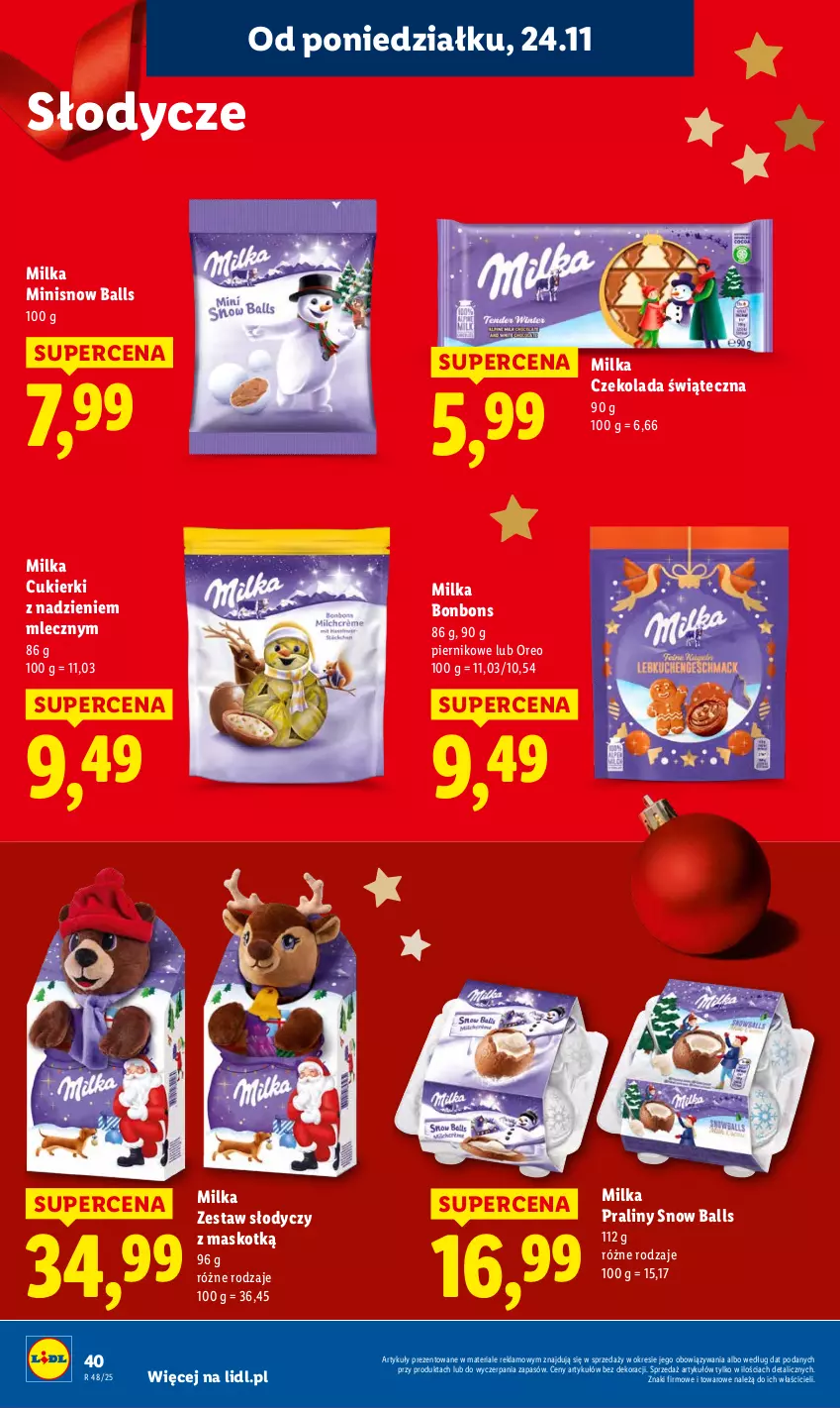 Gazetka promocyjna Lidl - GAZETKA - ważna 24.11 do 26.11.2025 - strona 40 - produkty: Cukier, Cukierki, Czekolada, Milka, Oreo, Piernik, Praliny