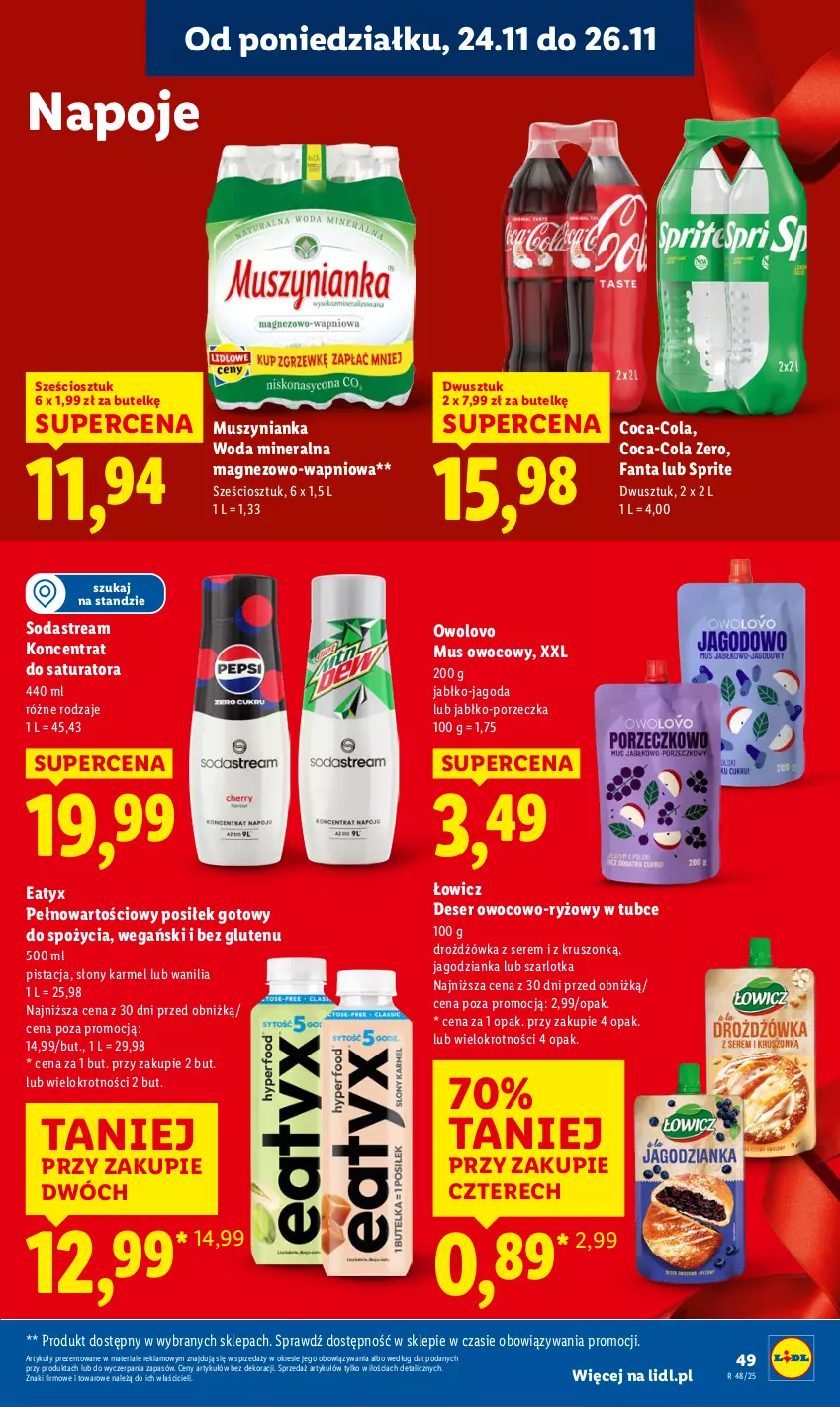 Gazetka promocyjna Lidl - GAZETKA - ważna 24.11 do 26.11.2025 - strona 49 - produkty: Coca-Cola, Deser, Fa, Fanta, Jagodzianka, Magnez, Mus, Muszynianka, Napoje, Por, Ryż, Ser, Sprite, Szarlotka, Woda, Woda mineralna