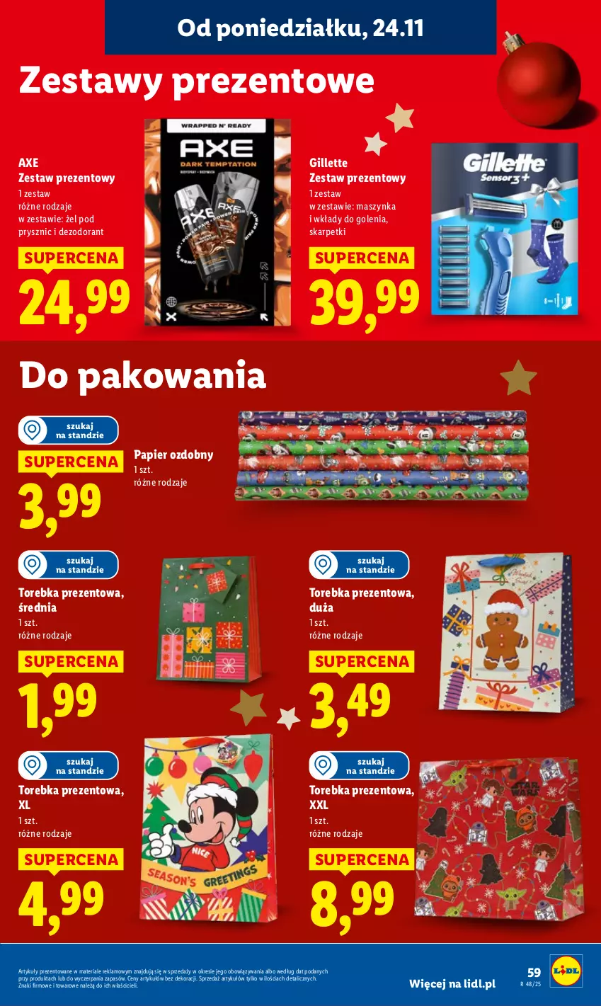 Gazetka promocyjna Lidl - GAZETKA - ważna 24.11 do 26.11.2025 - strona 59 - produkty: Dezodorant, Gillette, Karp, Maszynka, Papier, Papier ozdobny, Skarpetki, Szynka, Torebka, Zestaw prezentowy