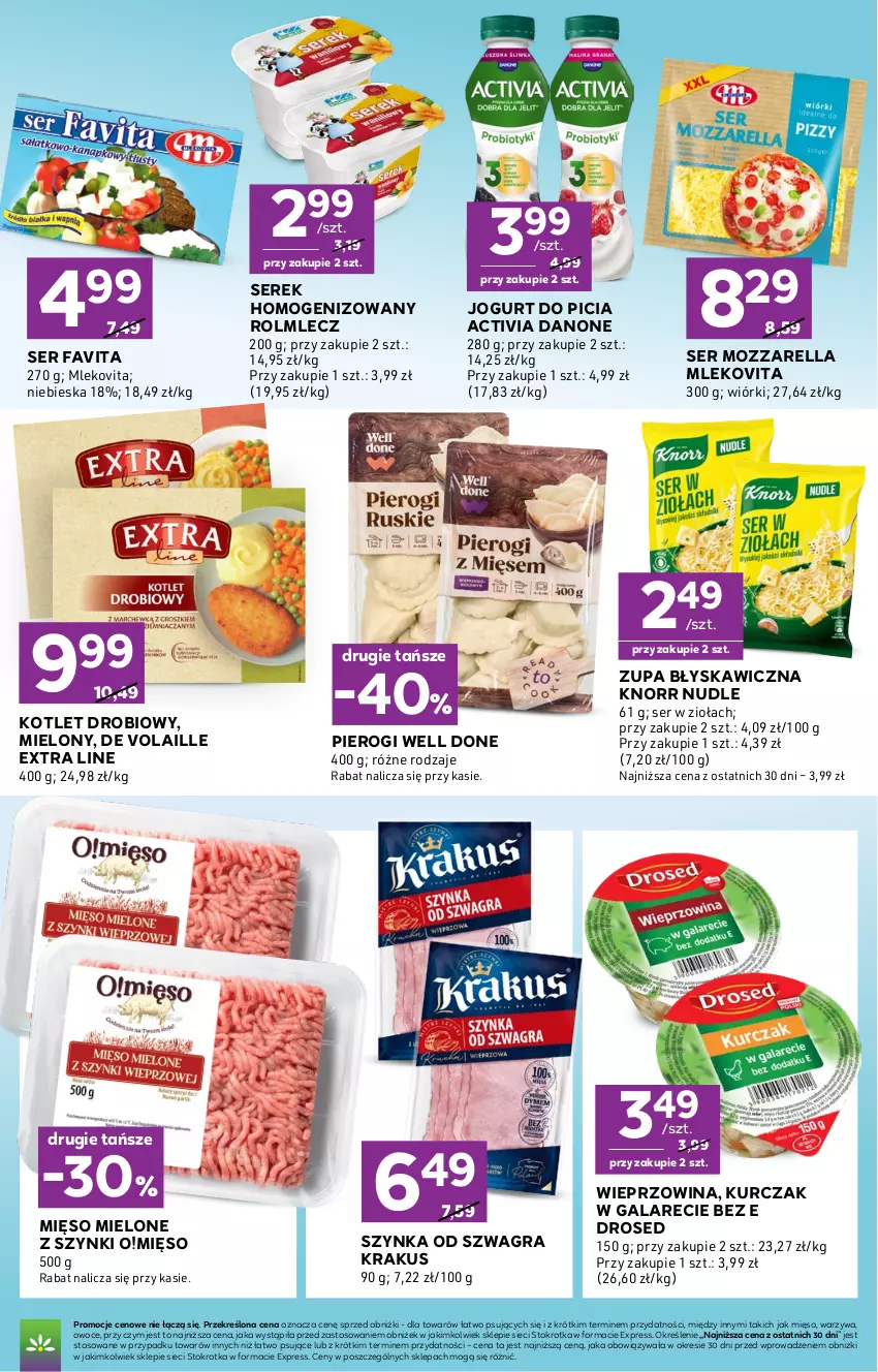 Gazetka promocyjna Stokrotka - Express - ważna 16.07 do 22.07.2026 - strona 5 - produkty: Activia, Danone, Fa, Favita, Gala, Gra, Jogurt, Knorr, Kotlet, Krakus, Kurczak, Mięso, Mięso mielone, Mięso mielone z szynki, Mleko, Mlekovita, Mozzarella, Owoce, Pierogi, Rolmlecz, Ser, Serek, Serek homogenizowany, Szynka, Warzywa, Wieprzowina, Zupa