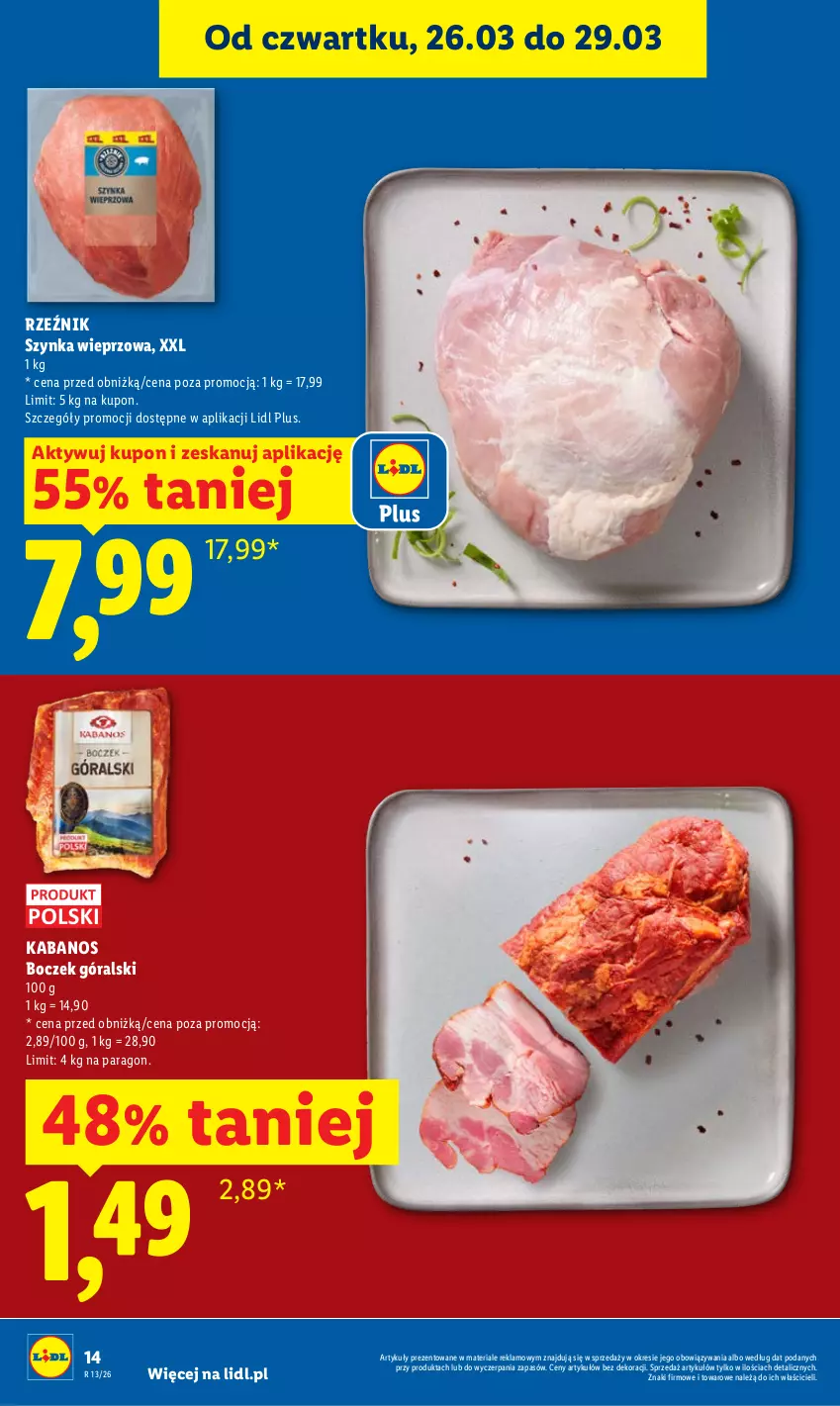 Gazetka promocyjna Lidl - Gazetka ważna od 26.03 do 29.03 - ważna 26.03 do 29.03.2026 - strona 14 - produkty: Boczek, Kabanos, Szynka, Szynka wieprzowa