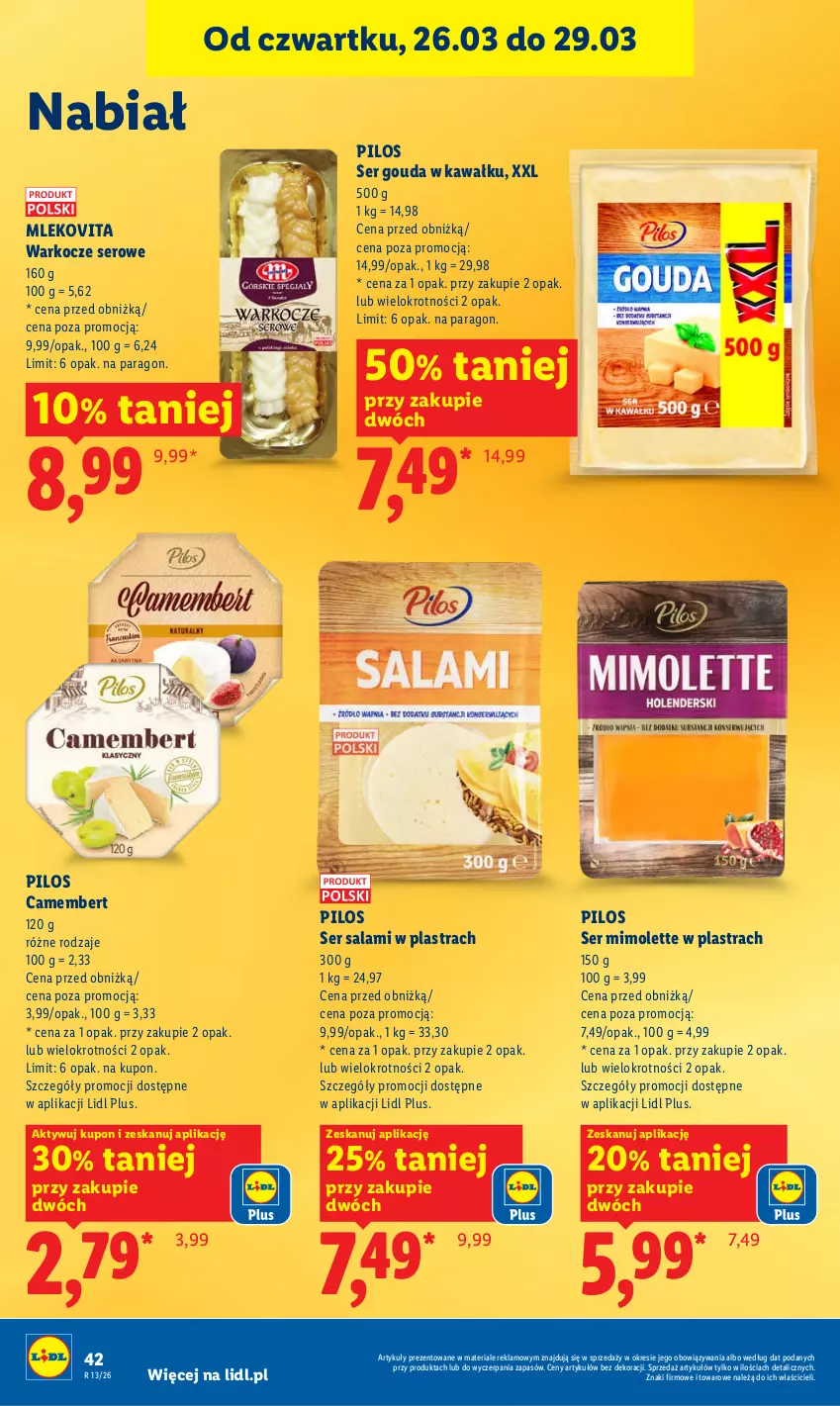 Gazetka promocyjna Lidl - Gazetka ważna od 26.03 do 29.03 - ważna 26.03 do 29.03.2026 - strona 42 - produkty: Camembert, Gouda, Kawa, Koc, Mimolette, Mleko, Mlekovita, Pilos, Salami, Ser, Ser salami