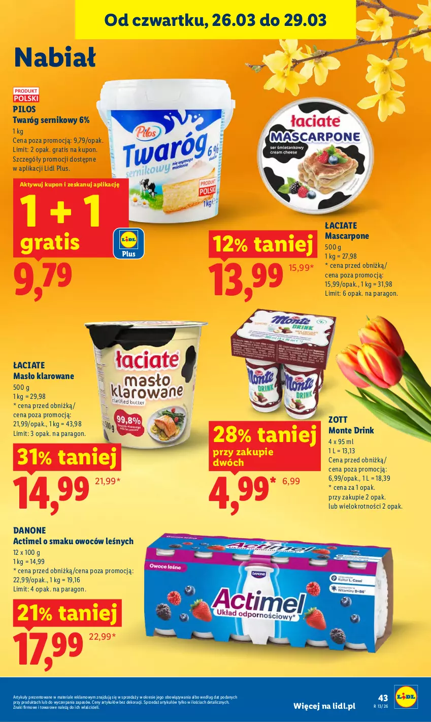 Gazetka promocyjna Lidl - Gazetka ważna od 26.03 do 29.03 - ważna 26.03 do 29.03.2026 - strona 43 - produkty: Actimel, Danone, Gra, Mascarpone, Masło, Masło klarowane, Monte, Pilos, Ser, Twaróg, Zott