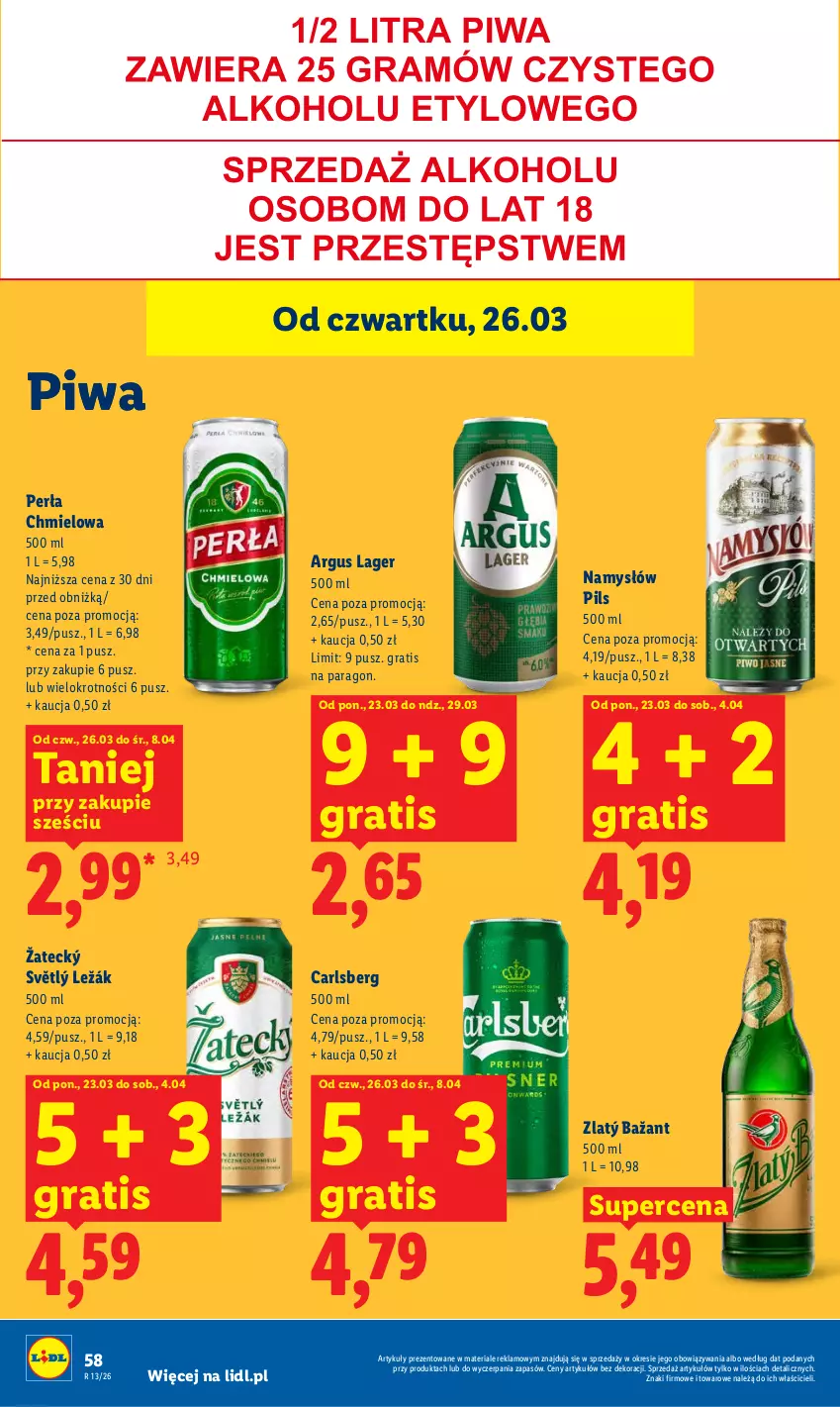 Gazetka promocyjna Lidl - Gazetka ważna od 26.03 do 29.03 - ważna 26.03 do 29.03.2026 - strona 58 - produkty: Carlsberg, Gra, Namysłów, Perła, Piwa