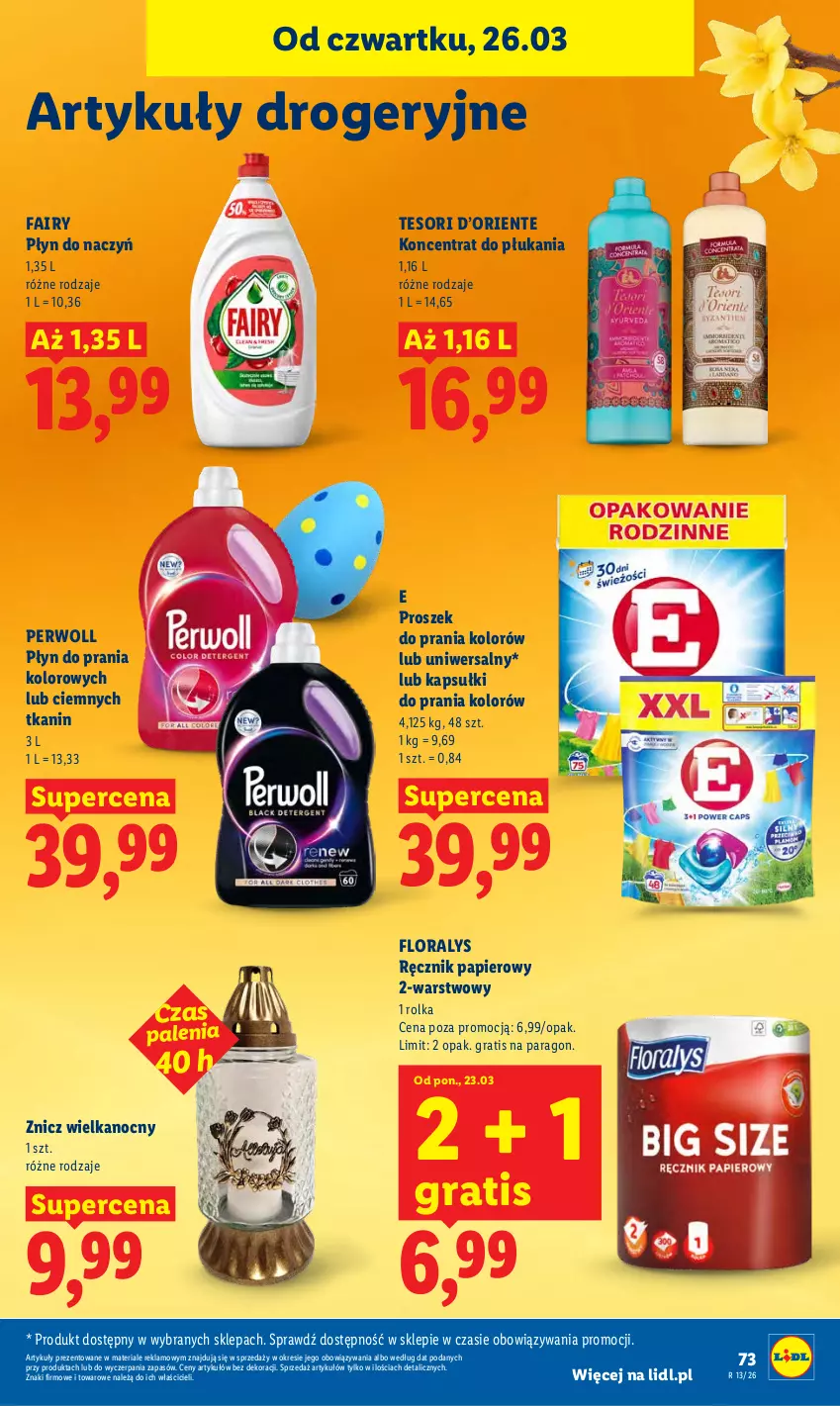 Gazetka promocyjna Lidl - Gazetka ważna od 26.03 do 29.03 - ważna 26.03 do 29.03.2026 - strona 73 - produkty: Fa, Fairy, Flora, Gra, Kapsułki do prania, Papier, Perwoll, Płyn do prania, Proszek do prania, Ręcznik, Znicz