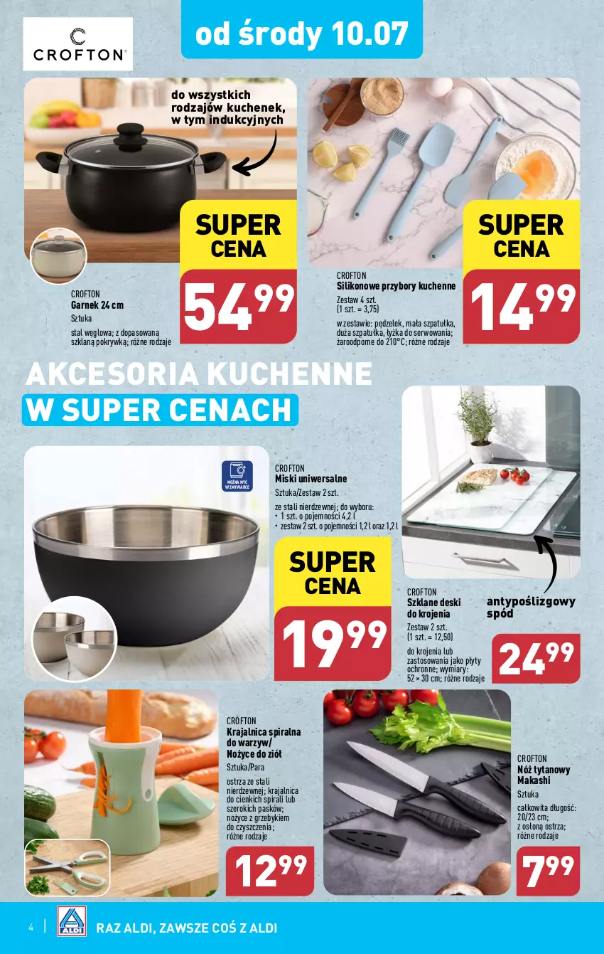 Gazetka promocyjna Aldi - Artykuły przemysłowe i tekstylia - ważna 08.07 do 13.07.2024 - strona 4 - produkty: Garnek, Noż, Nożyce, Por, Przybory kuchenne, Ser, Szpatułka, Tytan