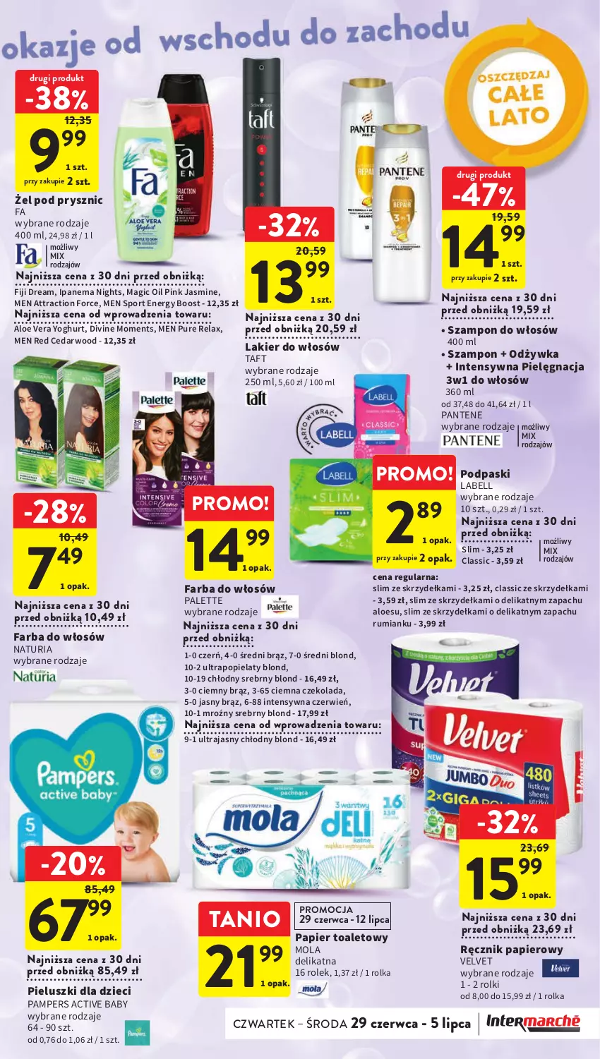 Gazetka promocyjna Intermarche - Gazetka Intermarche - ważna 29.06 do 05.07.2023 - strona 35 - produkty: Aloe vera, Bell, Czekolada, Divine, Dzieci, Fa, Farba do włosów, Lakier, Lakier do włosów, Mola, Moments, Odżywka, Palette, Pampers, Pantene, Papier, Papier toaletowy, Podpaski, Por, Pur, Ręcznik, Rolki, Rum, Sport, Szampon, Taft, Velvet