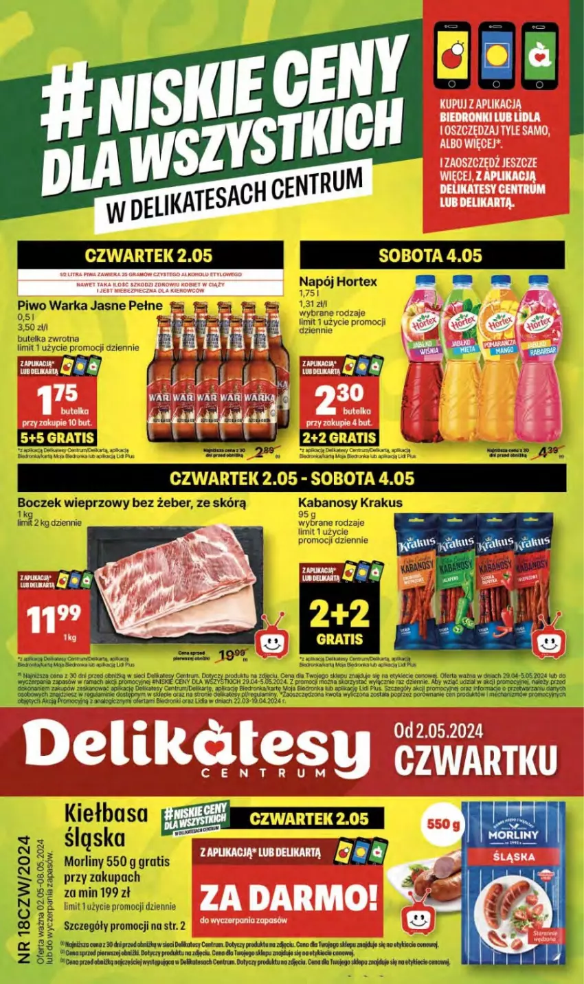 Gazetka promocyjna Delikatesy Centrum - NOWA GAZETKA Delikatesy Centrum od 2 maja! 2-8.05.2024 - ważna 02.05 do 08.05.2024 - strona 1 - produkty: Boczek, Boczek wieprzowy, Gra, Hortex, Kabanos, Krakus, Morliny, Napój, Orka, Piec, Piwa, Por, Rama, Rum