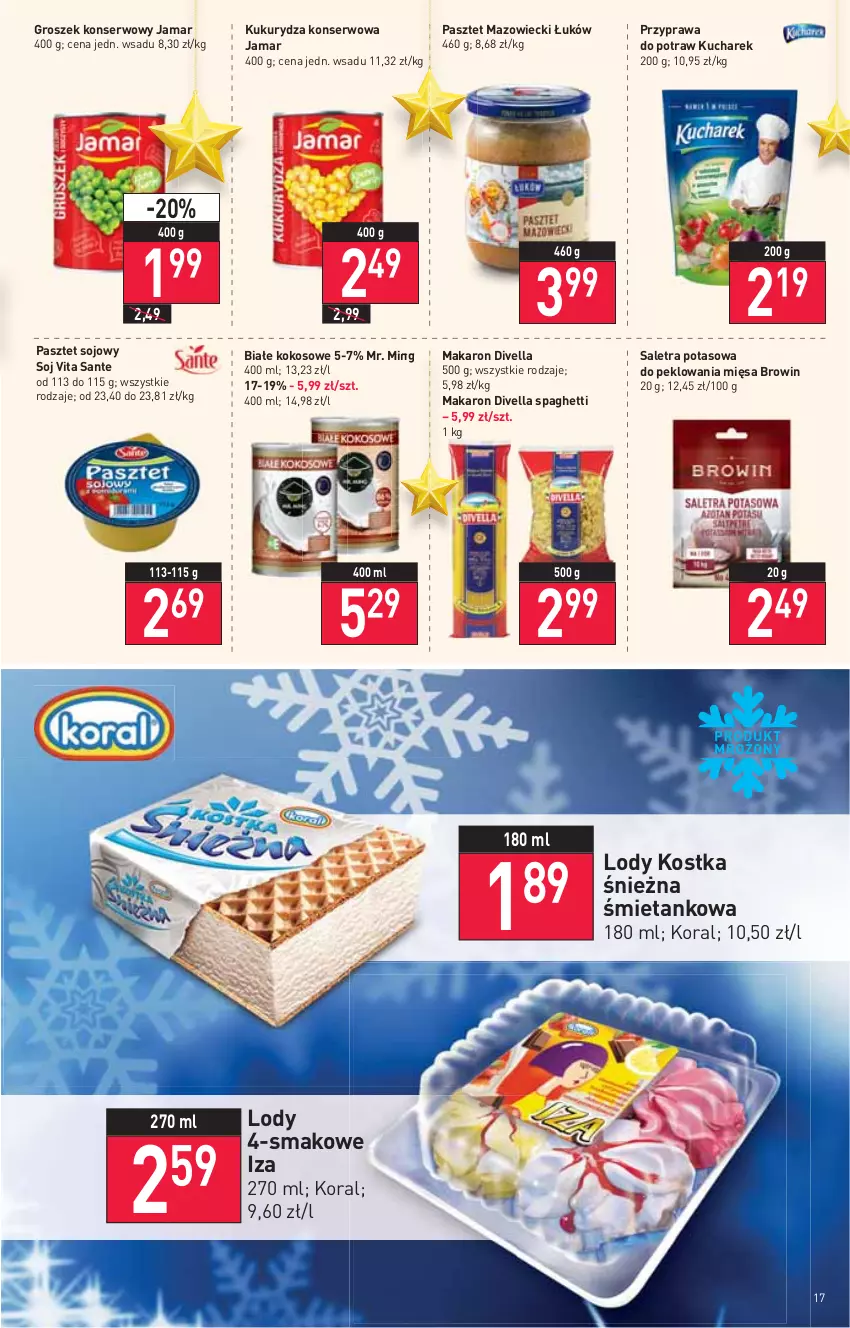 Gazetka promocyjna Stokrotka - Supermarket - ważna 02.12 do 08.12.2021 - strona 17 - produkty: Groszek, Kokos, Kucharek, Kukurydza, Kukurydza konserwowa, Lody, Makaron, Pasztet, Przyprawa do potraw, Sante, Ser, Spaghetti