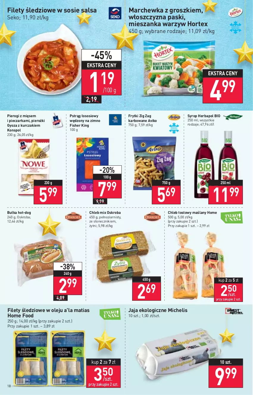 Gazetka promocyjna Stokrotka - Supermarket - ważna 02.12 do 08.12.2021 - strona 18 - produkty: Bułka, Chleb, Chleb tostowy, Frytki, Herbapol, Hortex, Jaja, Kurczak, Marchewka, Mieszanka warzyw, Olej, Piec, Pieczarka, Pierogi, Pstrąg, Pstrąg łososiowy, Salsa, SEKO, Sos, Syrop