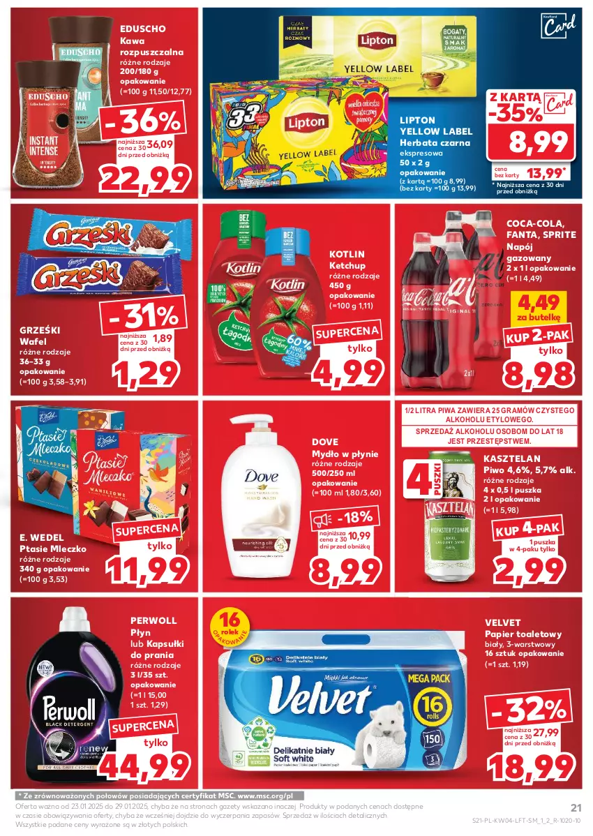 Gazetka promocyjna Kaufland - Gazetka tygodnia - ważna 23.01 do 29.01.2025 - strona 21 - produkty: Coca-Cola, Dove, E. Wedel, Fa, Fanta, Gra, Grześki, Herbata, Herbata czarna, Kapsułki do prania, Kasztelan, Kawa, Kawa rozpuszczalna, Ketchup, Kotlin, Lipton, Mleczko, Mydło, Mydło w płynie, Napój, Napój gazowany, Papier, Papier toaletowy, Perwoll, Piwa, Piwo, Ptasie mleczko, Sprite, Velvet