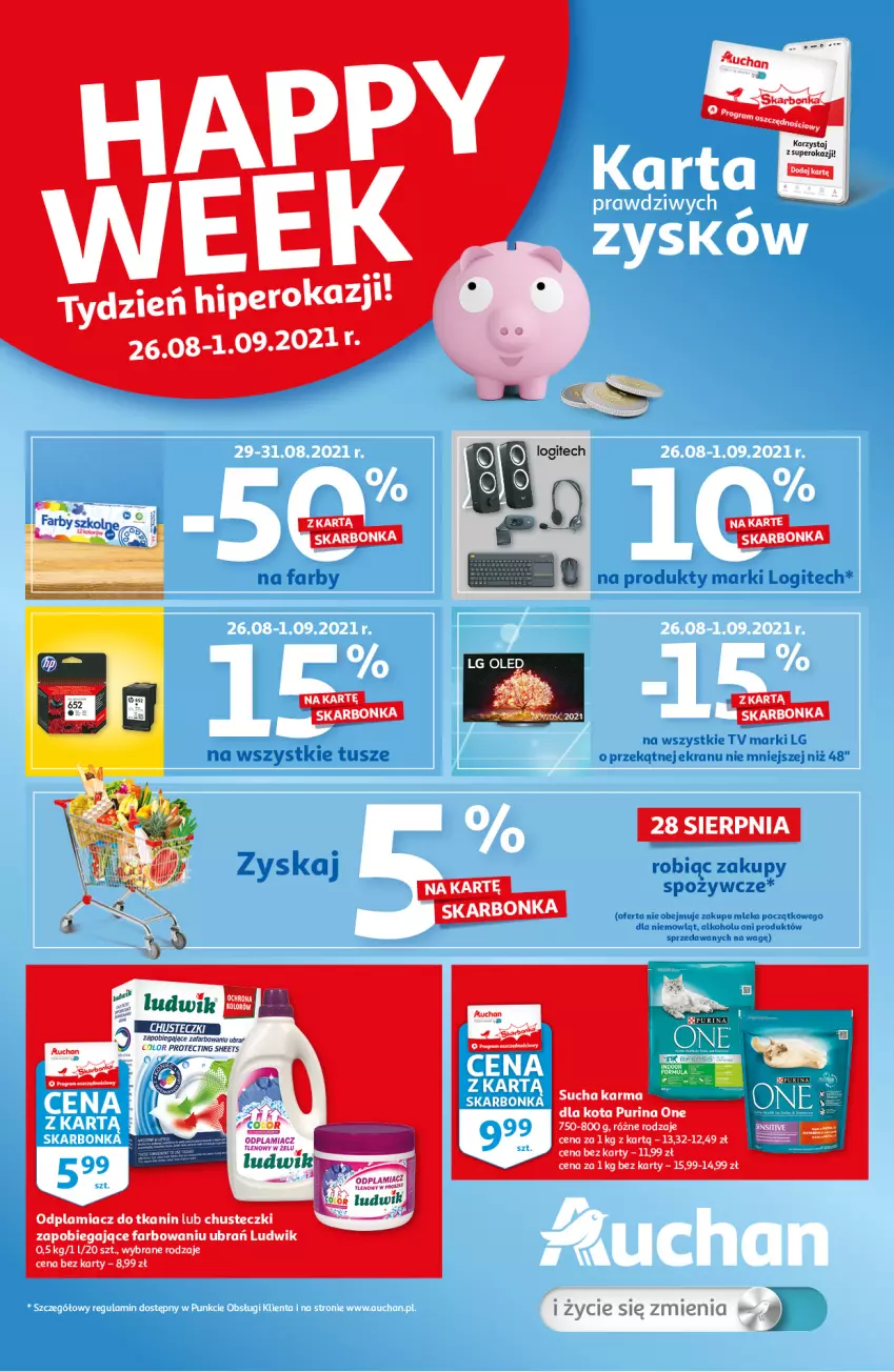 Gazetka promocyjna Auchan - Skarbonka #34 - ważna 26.08 do 01.09.2021 - strona 1 - produkty: Fa, LG, Logitech, Ludwik, Odplamiacz, Pur, Purina, Tusz