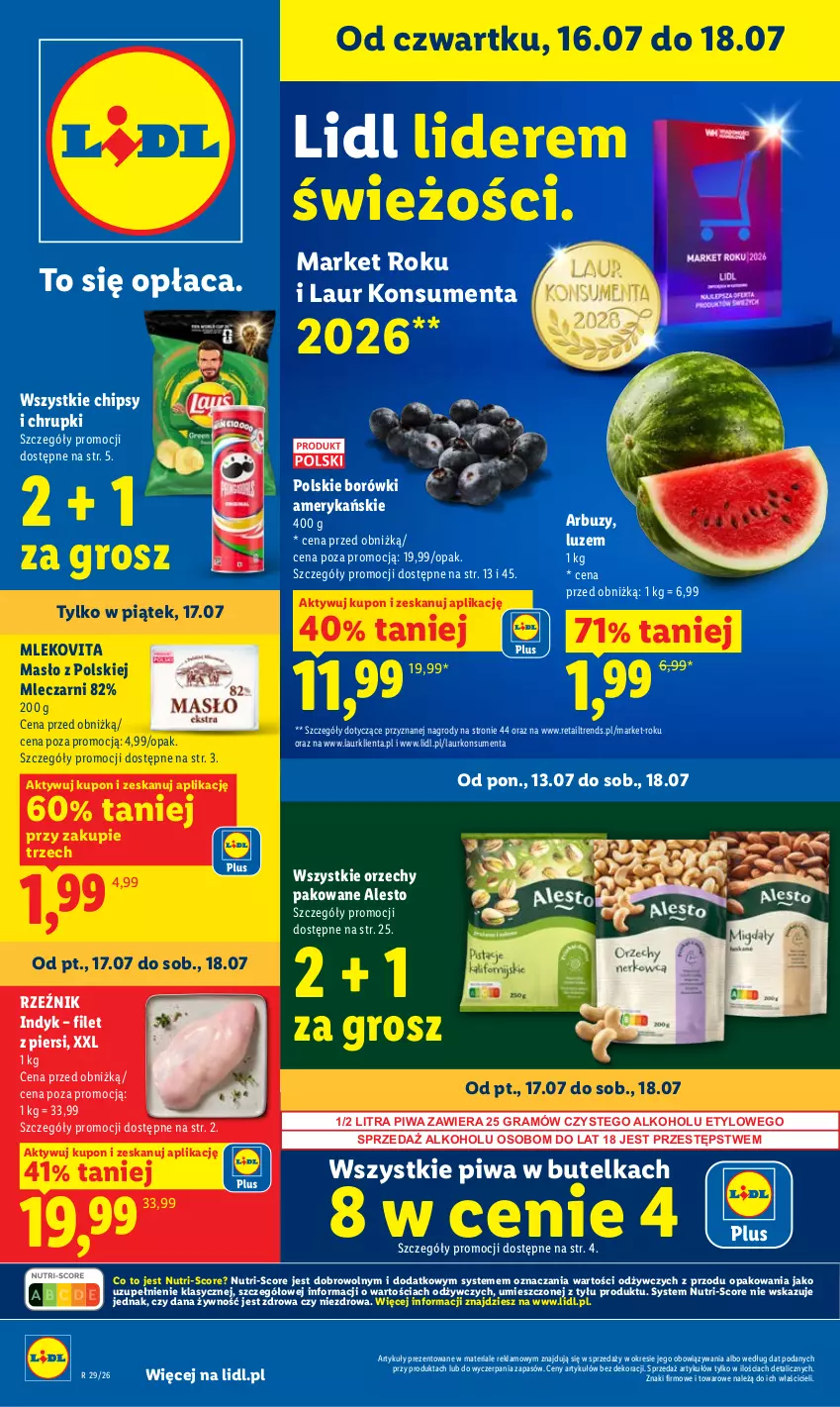Gazetka promocyjna Lidl - Gazetka ważna od 16.07 do 18.07 - ważna 16.07 do 18.07.2026 - strona 1 - produkty: Arbuz, Chipsy, Chrupki, Gra, Laur, Masło, Mleko, Mlekovita, Piwa
