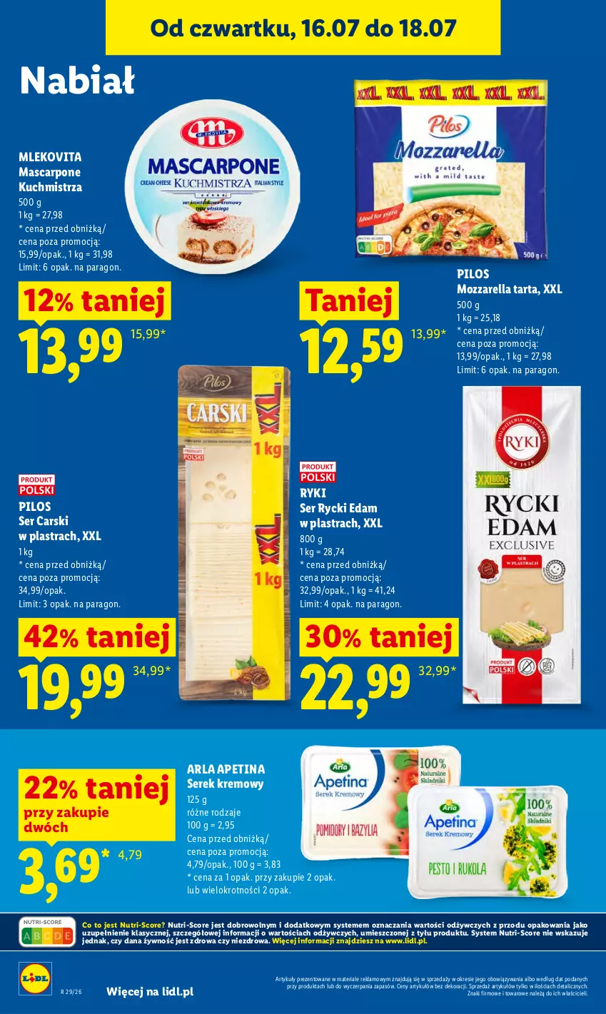 Gazetka promocyjna Lidl - Gazetka ważna od 16.07 do 18.07 - ważna 16.07 do 18.07.2026 - strona 64 - produkty: Cars, Edam, Mascarpone, Mleko, Mlekovita, Mozzarella, Pilos, Rycki Edam, Ser, Serek, Tarta