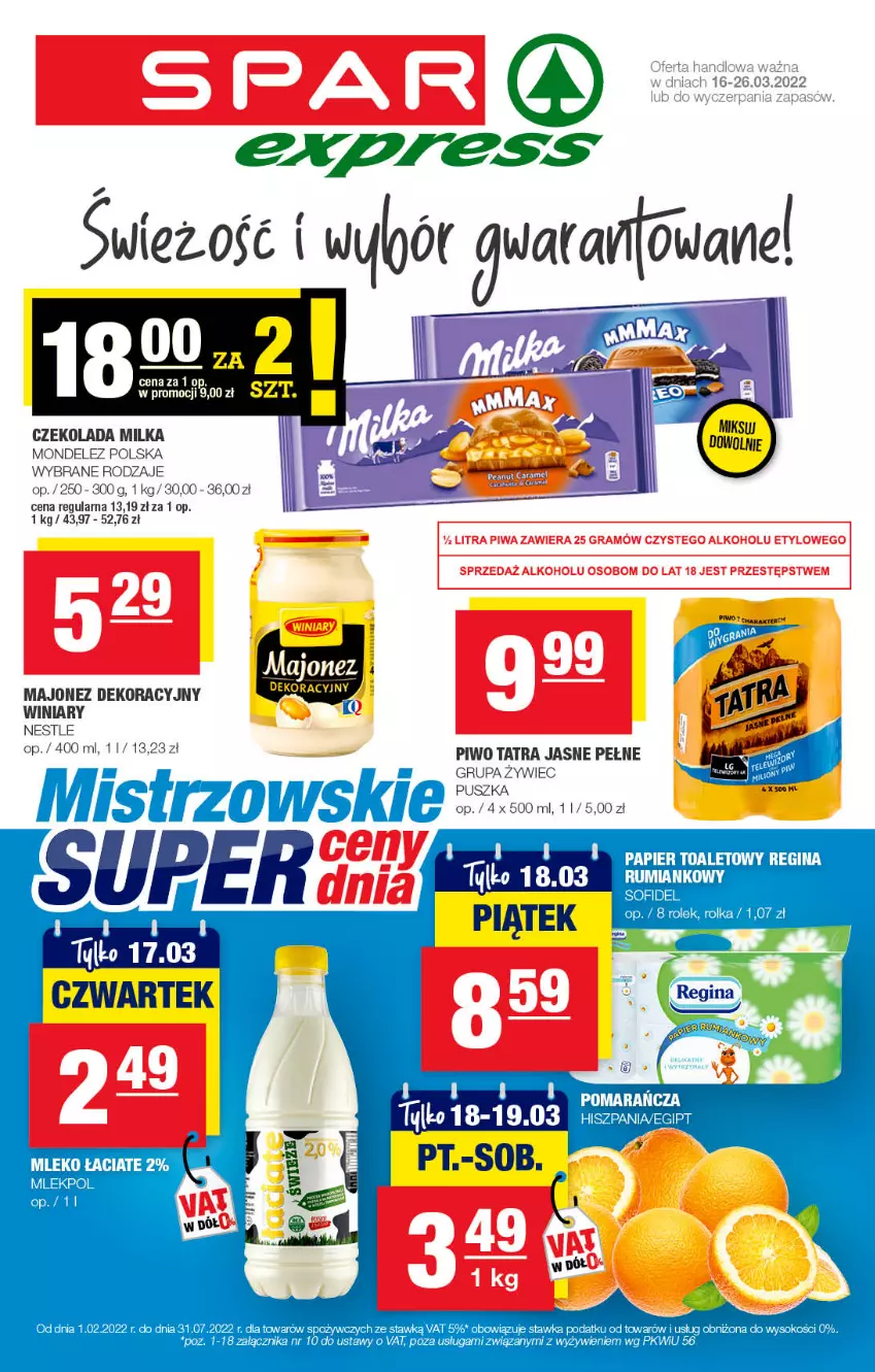 Gazetka promocyjna Spar - SparExpress - ważna 14.03 do 24.03.2022 - strona 1 - produkty: Czekolada, Gra, Majonez, Milka, Piwa, Piwo, Tatra, Winiary