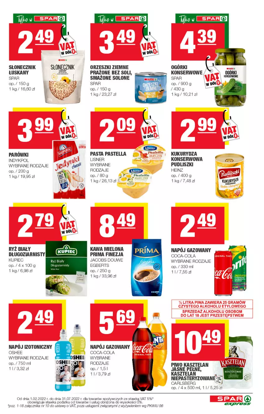 Gazetka promocyjna Spar - SparExpress - ważna 14.03 do 24.03.2022 - strona 3 - produkty: Carlsberg, Coca-Cola, Fa, Heinz, Jacobs, Kasztelan, Kawa, Kawa mielona, Kukurydza, Kukurydza konserwowa, Kupiec, Lisner, Napój, Napój gazowany, Napój izotoniczny, Orzeszki, Orzeszki ziemne, Oshee, Pastella, Piec, Piwo, Prima, Pudliszki, Ryż, Ryż biały, Ser, Sok