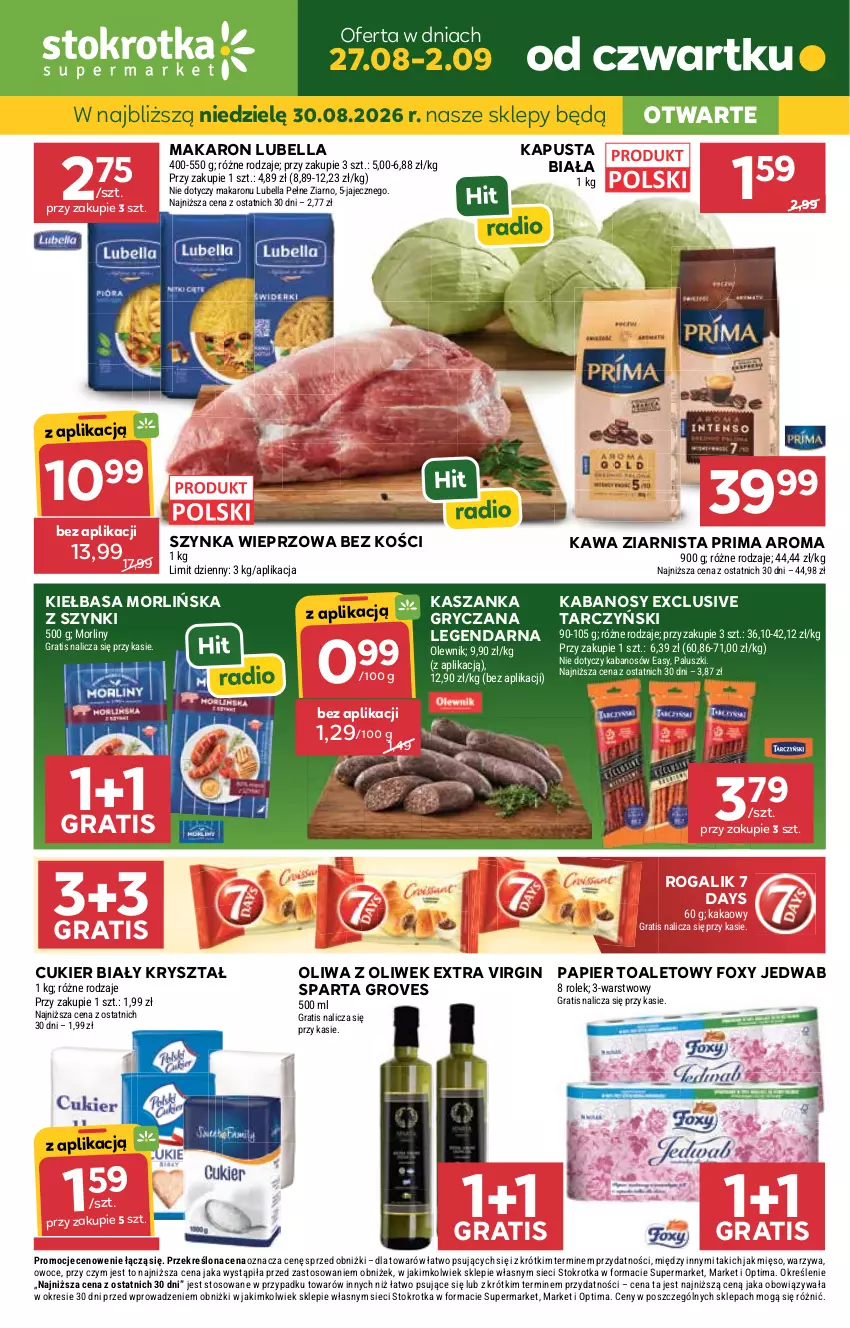 Gazetka promocyjna Stokrotka - Supermarket - ważna 27.08 do 02.09.2026 - strona 1 - produkty: 7 Days, Bell, Bella, Cukier, Foxy, Gin, Gra, Gry, JBL, Kabanos, Kakao, Kasza, Kaszanka, Kawa, Kawa ziarnista, Kiełbasa, Lubella, Makaron, Mięso, Morliny, Olewnik, Oliwa, Oliwa z oliwek, Optima, Owoce, Papier, Papier toaletowy, Prima, Rogal, Szynka, Szynka wieprzowa, Tarczyński, Warzywa