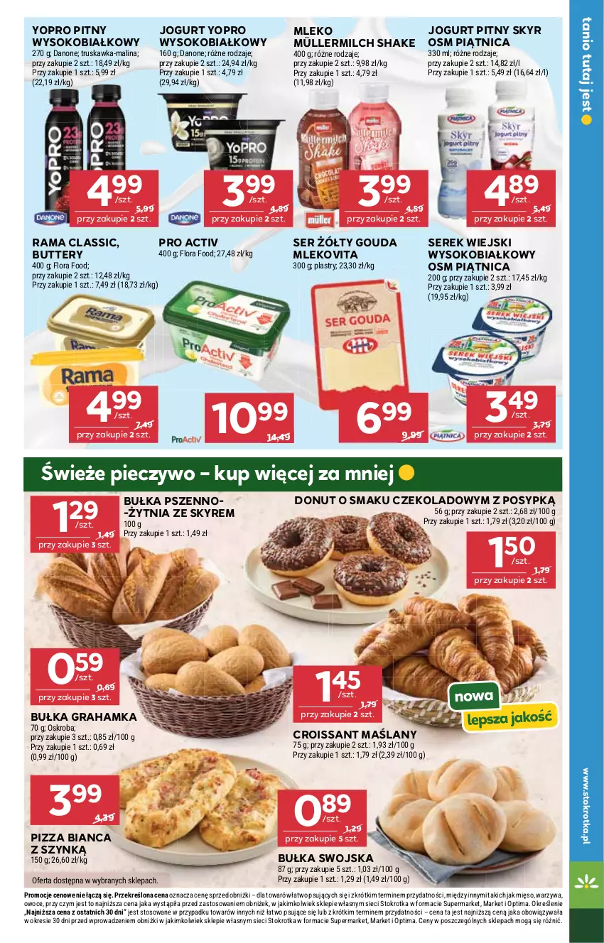 Gazetka promocyjna Stokrotka - Supermarket - ważna 27.08 do 02.09.2026 - strona 19 - produkty: Bułka, Bułka grahamka, Croissant, Danone, Donut, Flora, Gouda, Gra, Jogurt, Jogurt pitny, Mięso, Mleko, Mlekovita, Müller, Müllermilch, Optima, Owoce, Piątnica, Piec, Pieczywo, Pizza, Rama, Ser, Serek, Serek wiejski, Sok, Warzywa