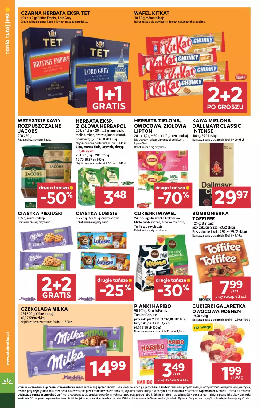 Gazetka promocyjna Stokrotka - Supermarket - ważna 27.08 do 02.09.2026 - strona 22 - produkty: Brit, Ciastka, Cukier, Cukierki, Czekolada, Dallmayr, Fa, Gala, Galaretka, Gra, Haribo, Herbapol, Herbata, Jacobs, Kawa, Kawa mielona, Koper włoski, Lipton, Lubisie, Michałki, Mięso, Mięta, Milka, Optima, Owoce, Rum, Stek, Toffifee, Warzywa, Wawel