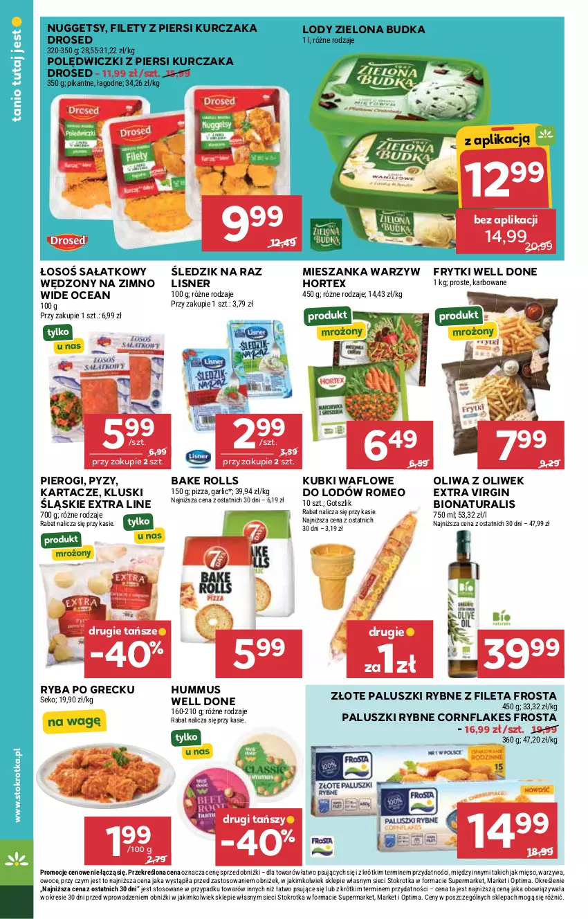 Gazetka promocyjna Stokrotka - Supermarket - ważna 27.08 do 02.09.2026 - strona 34 - produkty: Bake Rolls, Frosta, Frytki, Gin, Hortex, Hummus, Kurczak, Lisner, Lody, Mięso, Mieszanka warzyw, Mus, Oliwa, Oliwa z oliwek, Optima, Owoce, Paluszki rybne, Pierogi, Pizza, Ryba, Ryba po grecku, Sałat, SEKO, Warzywa, Zielona Budka