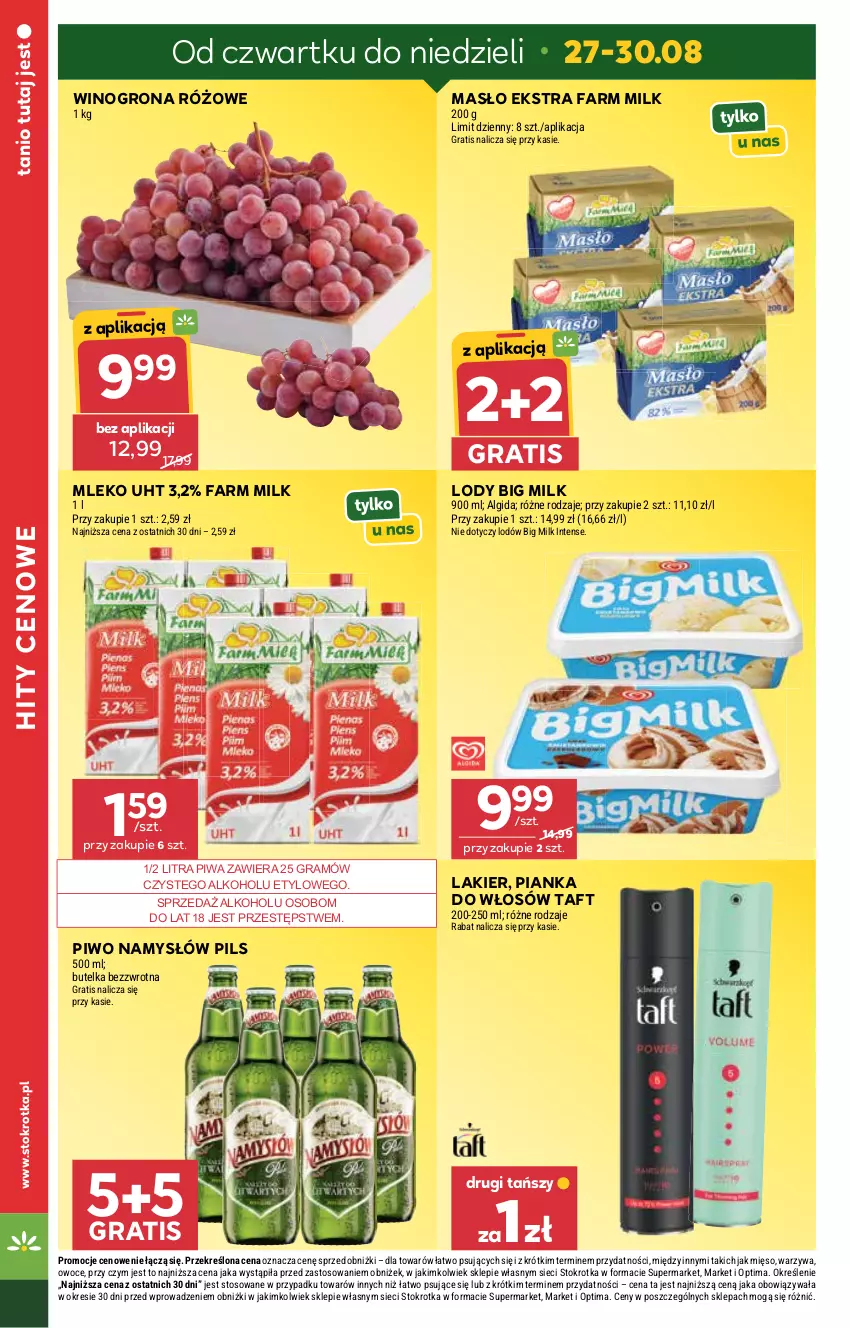 Gazetka promocyjna Stokrotka - Supermarket - ważna 27.08 do 02.09.2026 - strona 4 - produkty: Algida, Big Milk, Fa, Farm Milk, Gra, Lakier, LG, Lody, Masło, Mięso, Mleko, Namysłów, Optima, Owoce, Pianka do włosów, Piwa, Piwo, Taft, Warzywa, Wino, Winogrona