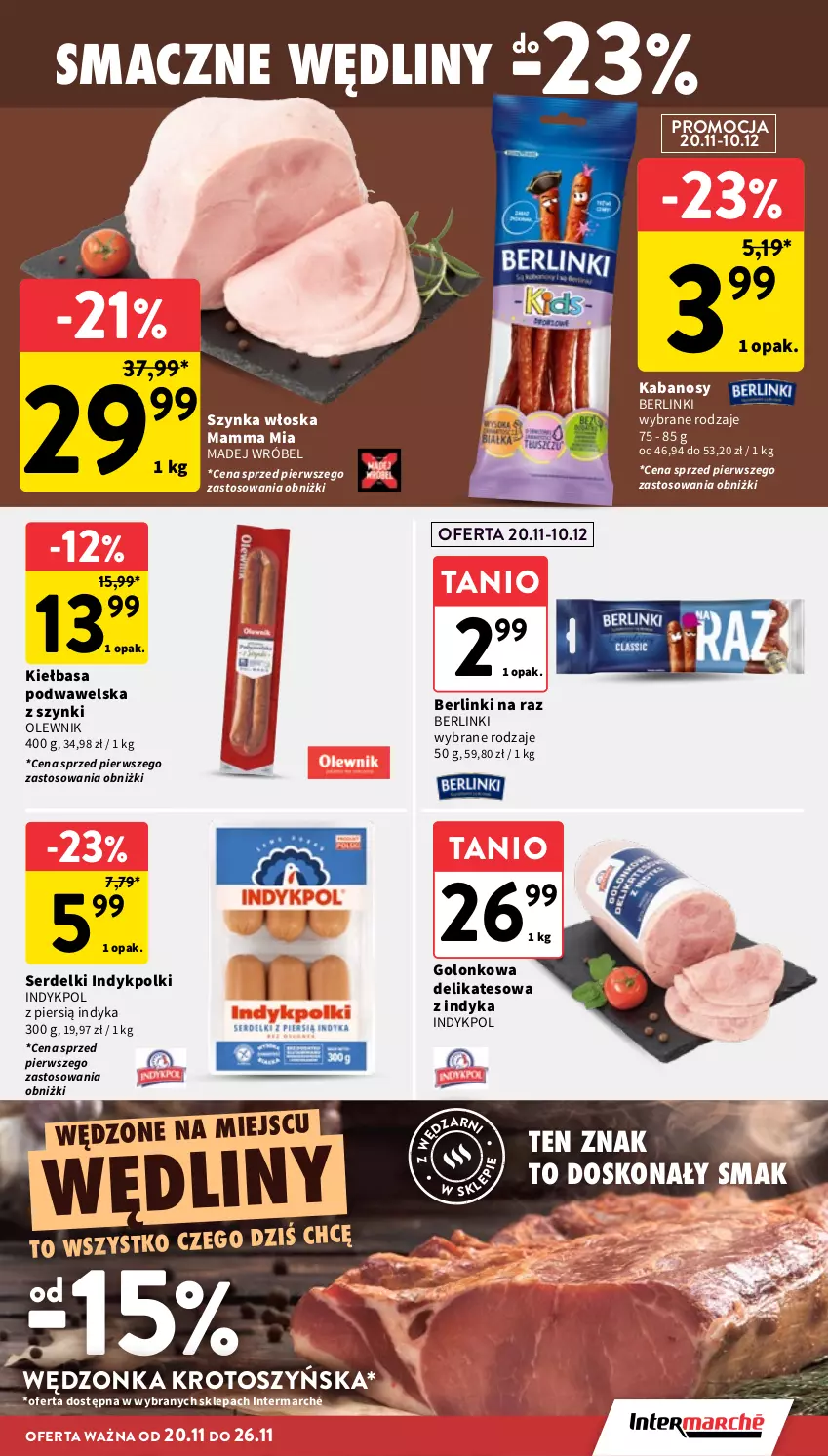 Gazetka promocyjna Intermarche - Gazetka promocyjna - ważna 20.11 do 26.11.2025 - strona 24 - produkty: Berlinki, Kabanos, Kiełbasa, Kiełbasa podwawelska, Madej Wróbel, Olewnik, Ser, Serdelki, Szynka, Wawel