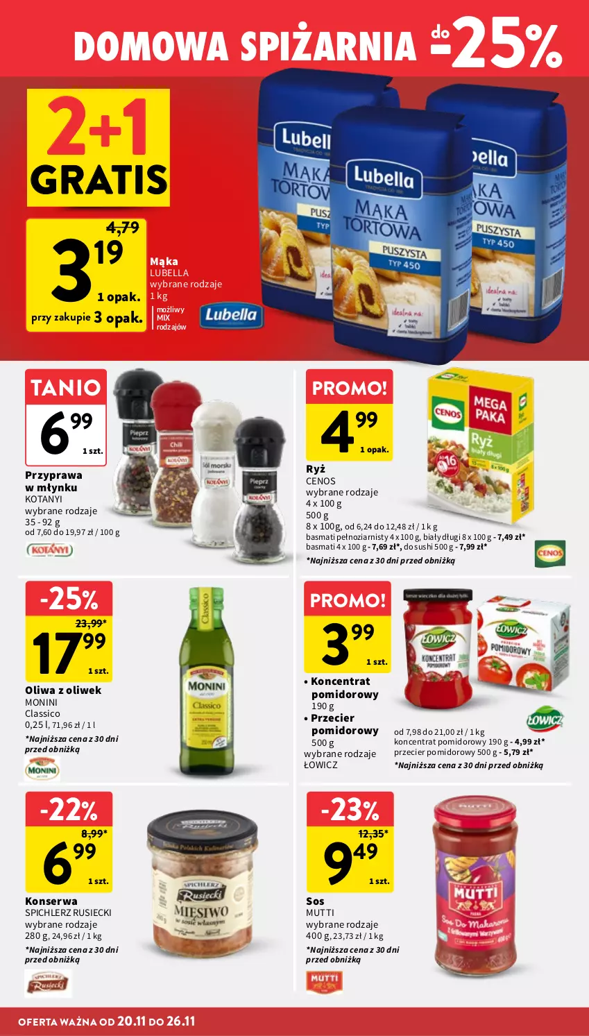 Gazetka promocyjna Intermarche - Gazetka promocyjna - ważna 20.11 do 26.11.2025 - strona 31 - produkty: Bell, Bella, Cenos, Gra, Koncentrat pomidorowy, Lubella, Mąka, Monini, Oliwa, Oliwa z oliwek, Ryż, Ser, Sos, Spichlerz Rusiecki, Sushi