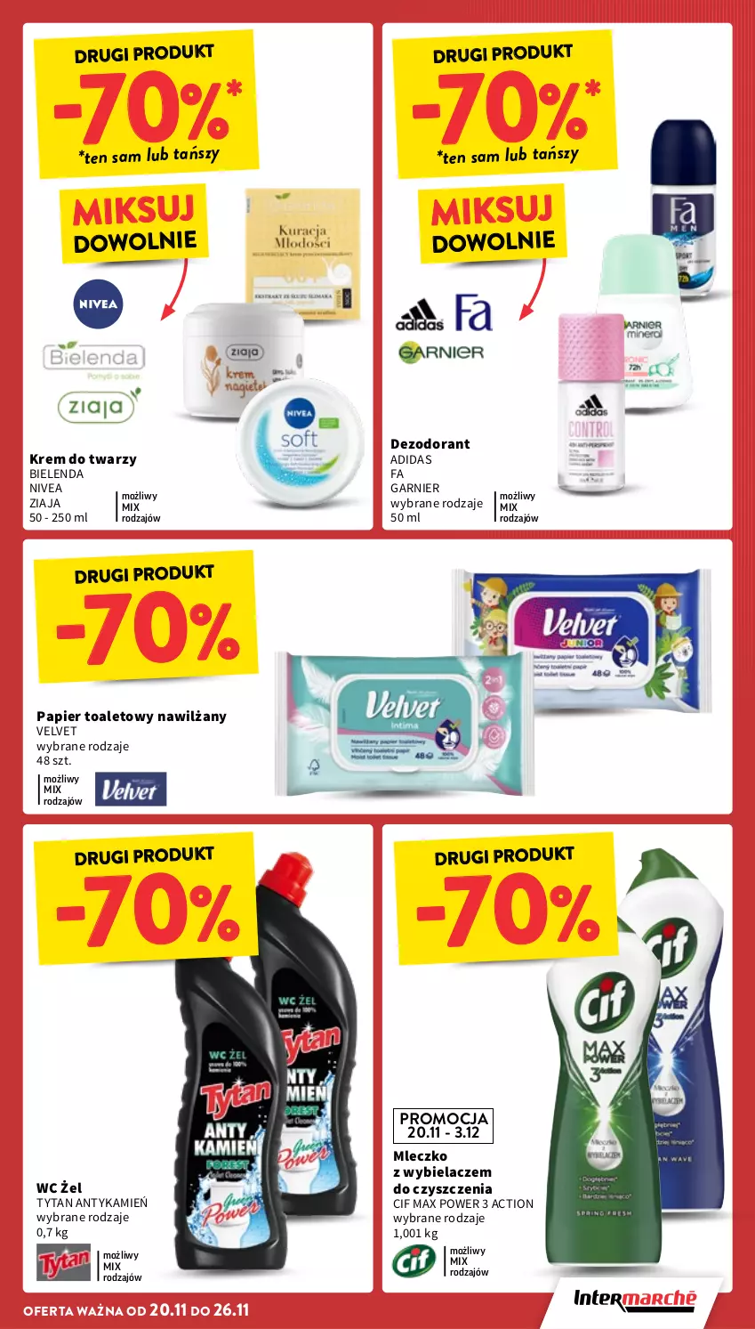 Gazetka promocyjna Intermarche - Gazetka promocyjna - ważna 20.11 do 26.11.2025 - strona 7 - produkty: Adidas, Bielenda, Cif, Dezodorant, Fa, Garnier, Krem do twarzy, Mleczko, Nivea, Papier, Papier toaletowy, Tytan, Velvet, Ziaja