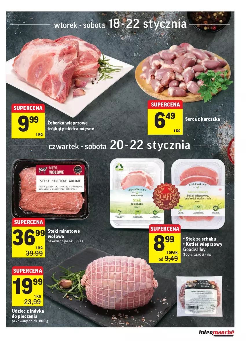 Gazetka promocyjna Intermarche - ważna 18.01 do 24.01.2022 - strona 15 - produkty: Kotlet, Kurczak, Piec, Ser, Serca z kurczaka, Stek, Udziec z indyka