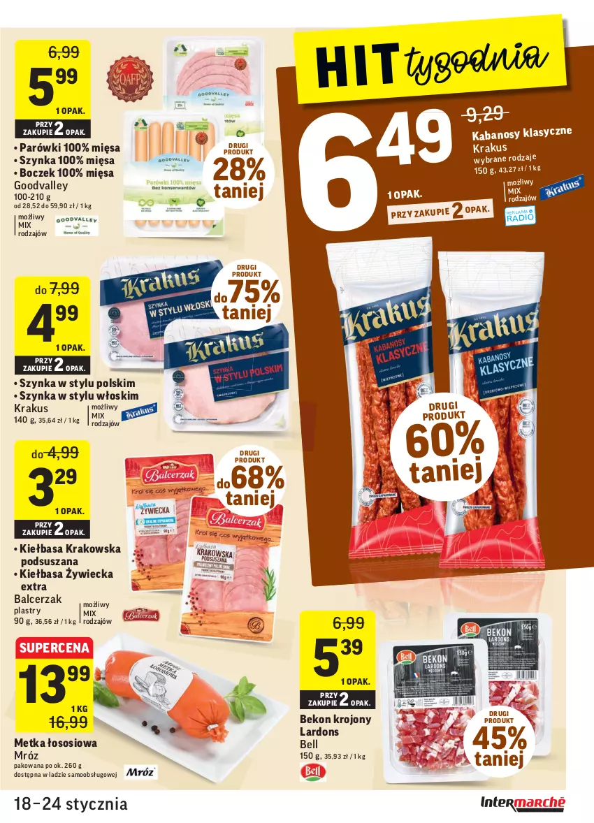 Gazetka promocyjna Intermarche - ważna 18.01 do 24.01.2022 - strona 17 - produkty: Beko, Bell, Boczek, Kabanos, Kiełbasa, Kiełbasa krakowska, Krakus, Parówki, Sos, Szynka