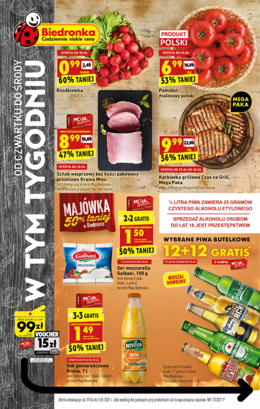 Gazetka promocyjna Biedronka - W tym tygodniu - ważna 29.04 do 05.05.2021 - strona 1 - produkty: Galbani, Gra, Grill, LG, Mozzarella, Piwa, Schab wieprzowy, Ser, Sok, Sok pomarańczowy