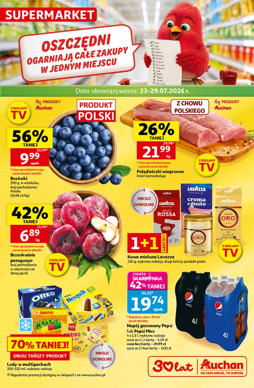 Gazetka promocyjna Auchan - 30 Lat Supermarket - ważna 23.07 do 29.07.2026 - strona 1 - produkty: Brzoskwinie, Gra, Kawa, Kawa mielona, Lavazza, Lody, Napój, Napój gazowany, Pepsi, Pepsi max