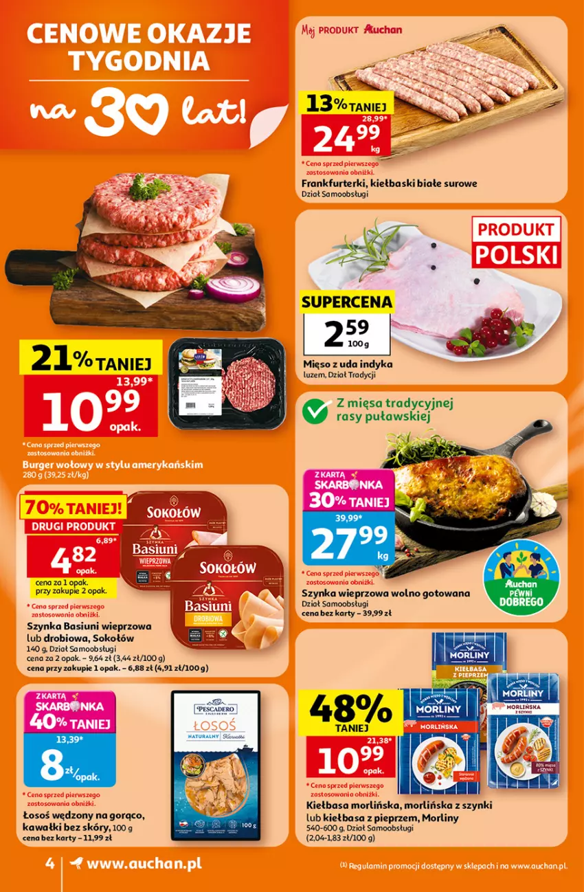 Gazetka promocyjna Auchan - 30 Lat Supermarket - ważna 23.07 do 29.07.2026 - strona 4 - produkty: Frankfurterki, Kawa, Kiełbasa, Kiełbaski białe, Mięso, Morliny, Pieprz, Sok, Sokołów, Szynka, Szynka wieprzowa