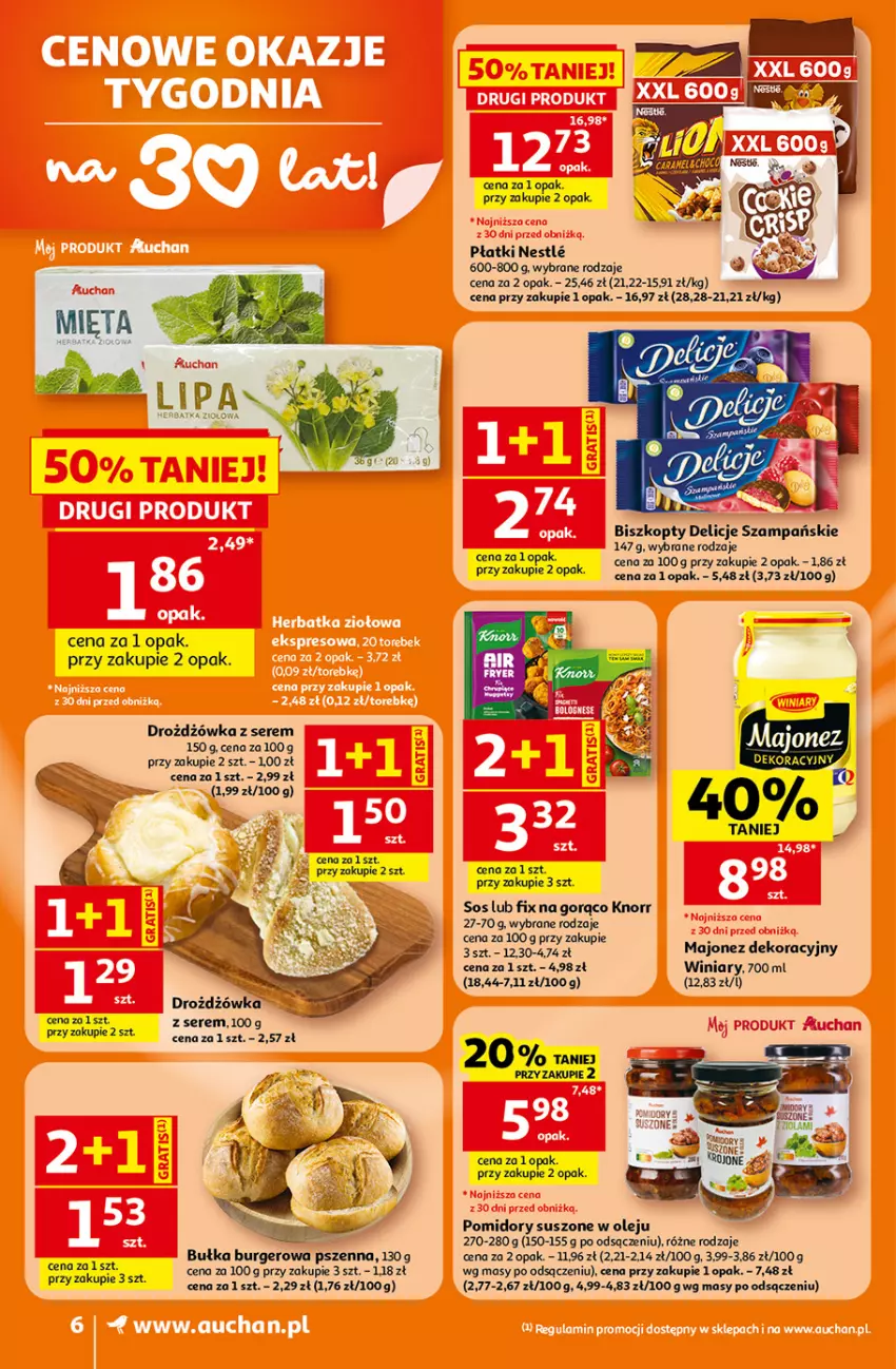 Gazetka promocyjna Auchan - 30 Lat Supermarket - ważna 23.07 do 29.07.2026 - strona 6 - produkty: Biszkopty, Bułka, Burger, Delicje, Knorr, Majonez, Olej, Pomidory, Ser, Sos, Winiary
