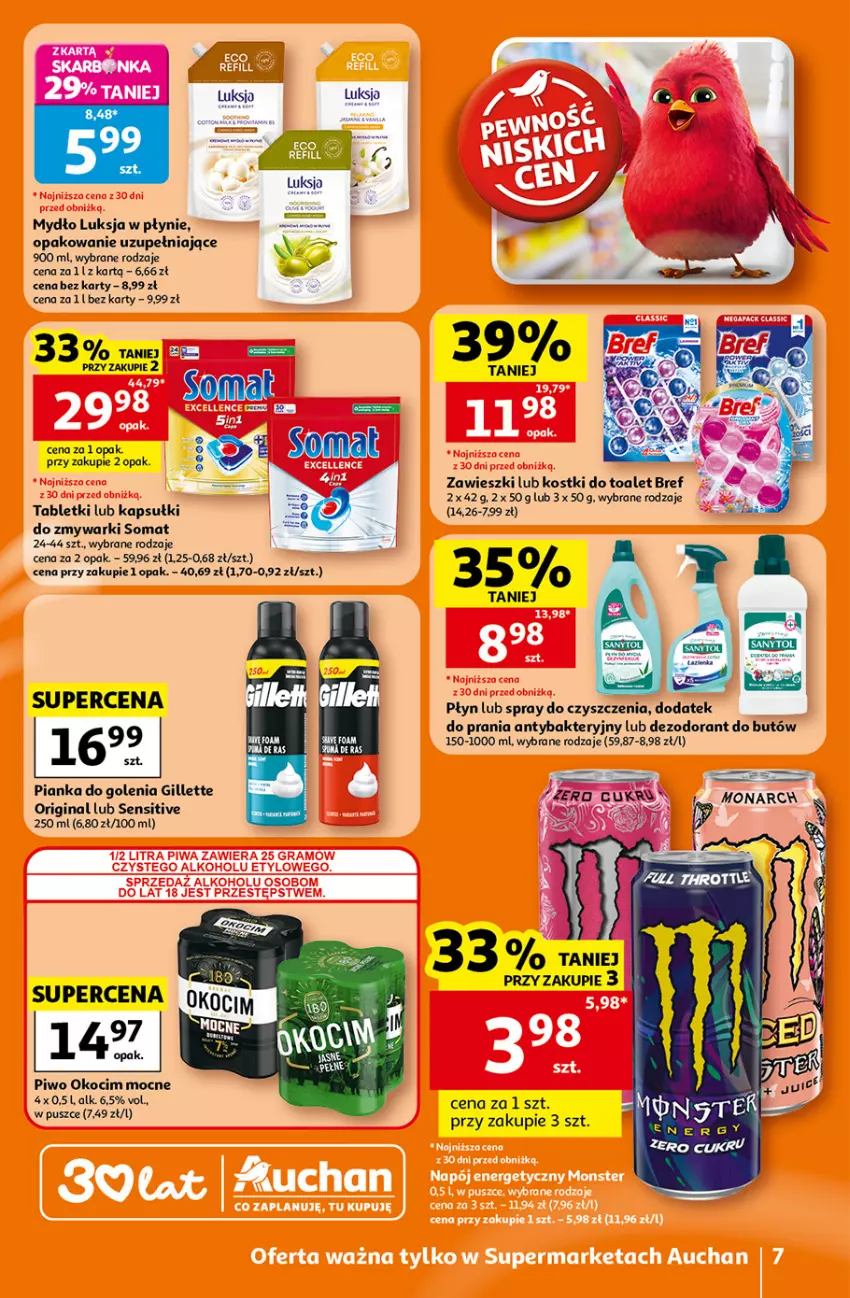 Gazetka promocyjna Auchan - 30 Lat Supermarket - ważna 23.07 do 29.07.2026 - strona 7 - produkty: Bref, Dezodorant, Gillette, Gin, Koc, Luksja, Mydło, Okocim, Pianka do golenia, Piwo, Somat, Spray do czyszczenia, Tablet, Zawieszki, Zmywarki