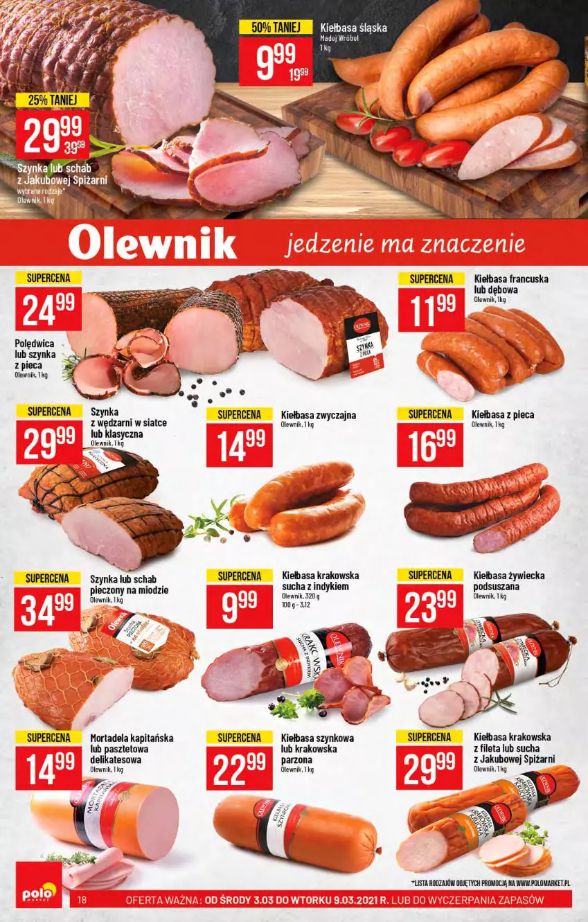 Gazetka promocyjna PoloMarket - Gazetka promocyjna  r - ważna 03.03 do 09.03.2021 - strona 18 - produkty: Kiełbasa, Kiełbasa krakowska, Kiełbasa szynkowa, Madej Wróbel, Olewnik, Pasztet, Piec, Polędwica, Szynka