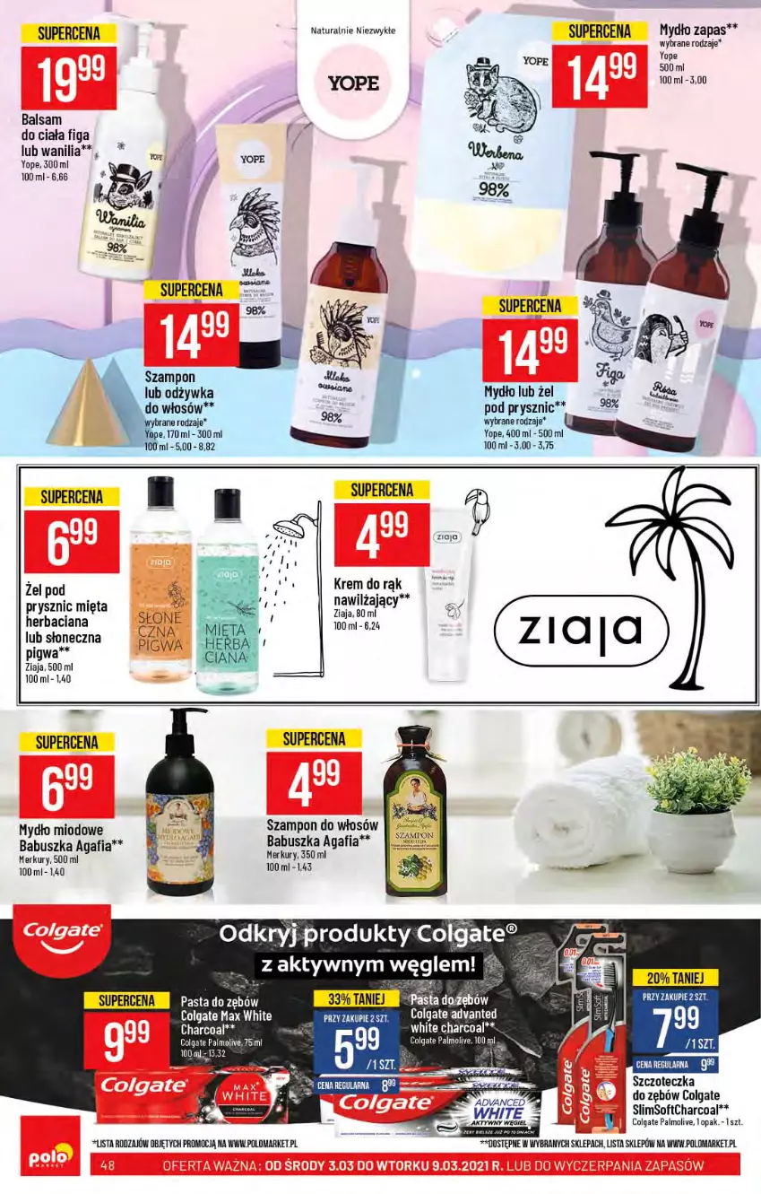 Gazetka promocyjna PoloMarket - Gazetka promocyjna  r - ważna 03.03 do 09.03.2021 - strona 48 - produkty: Colgate, Krem do rąk, LG, Mięta, Mydło, Odżywka, Palmolive, Szampon, Szczoteczka, Yope, Ziaja