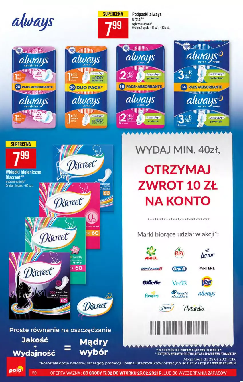 Gazetka promocyjna PoloMarket - Gazetka promocyjna  r - ważna 03.03 do 09.03.2021 - strona 50 - produkty: Always, Always Ultra, Ariel, BIC, Pampers, Pantene, Podpaski