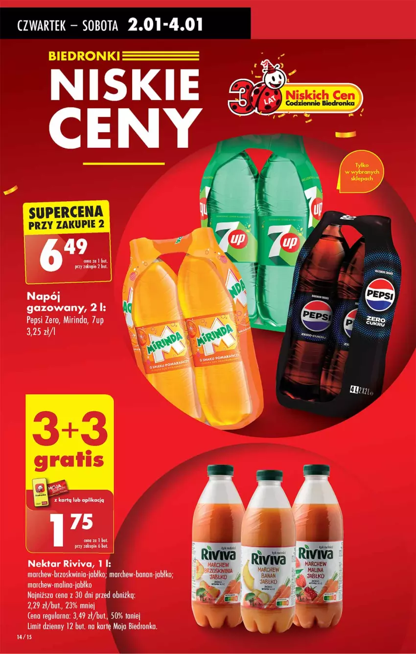 Gazetka promocyjna Biedronka - Od Czwartku - ważna 02.01 do 08.01.2025 - strona 14 - produkty: 7up, Mirinda, Napój, Napój gazowany, Nektar, Pepsi