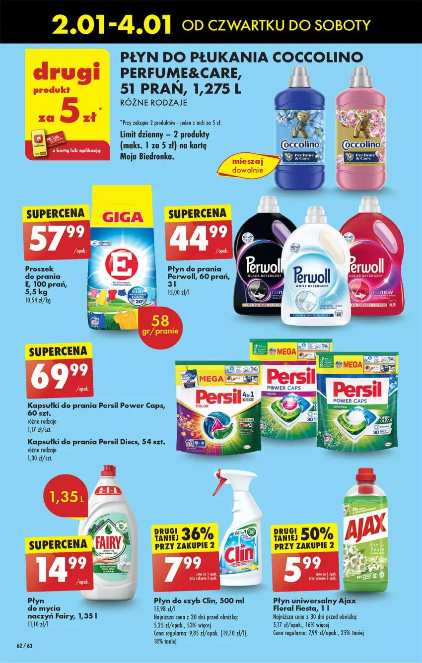 Gazetka promocyjna Biedronka - Od Czwartku - ważna 02.01 do 08.01.2025 - strona 62 - produkty: Ajax, Clin, Coccolino, Fa, Fairy, Flora, Kapsułki do prania, Perfum, Persil, Perwoll, Płyn do płukania, Płyn do prania, Płyn do szyb, Proszek do prania