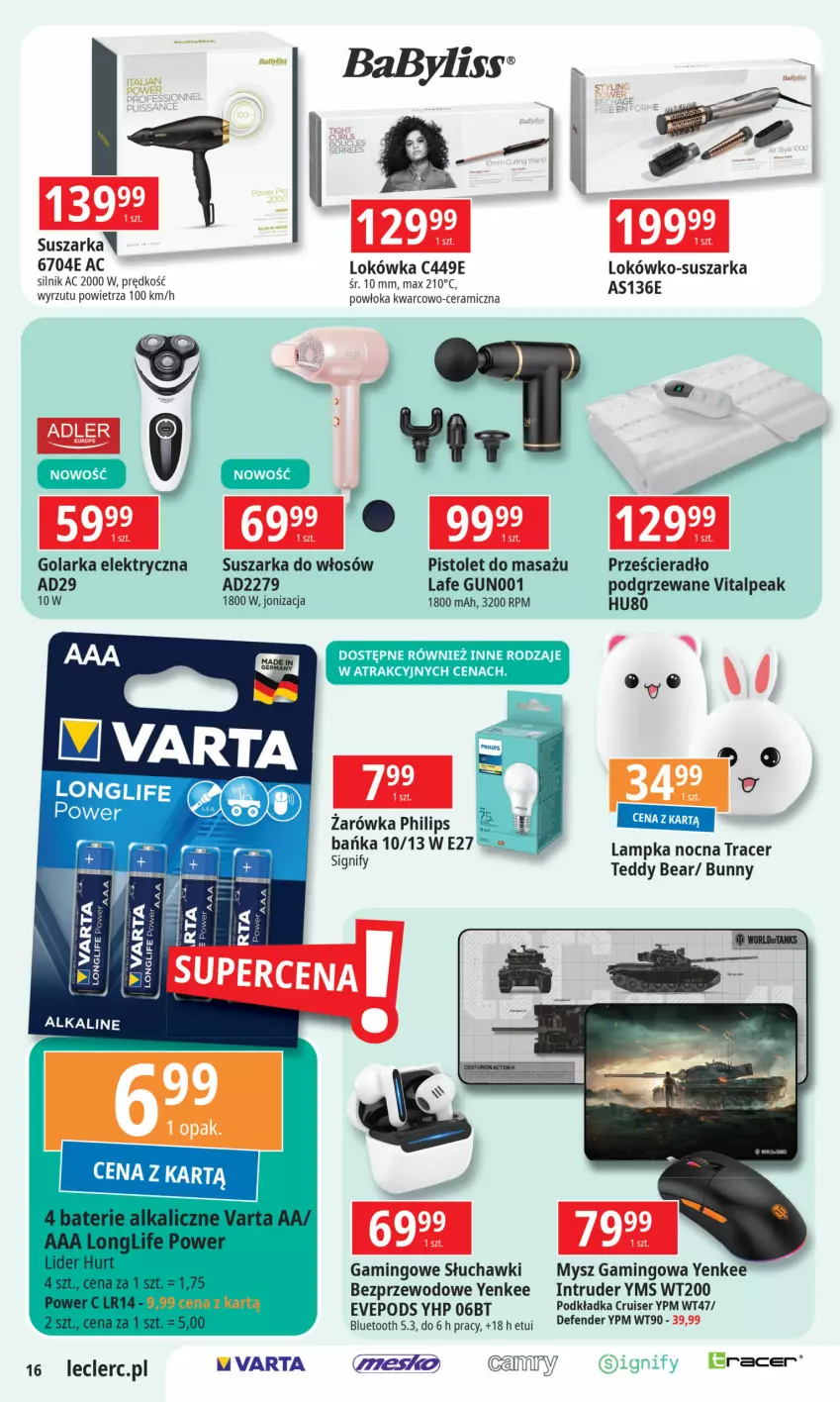 Gazetka promocyjna E Leclerc - ważna 03.12 do 15.11.2024 - strona 16 - produkty: Acer, Golarka, HP, Lokówka, Mysz, Philips, Pistolet, Podkład, Podkładka, Prześcieradło, Ser, Słuchawki, Suszarka, Varta