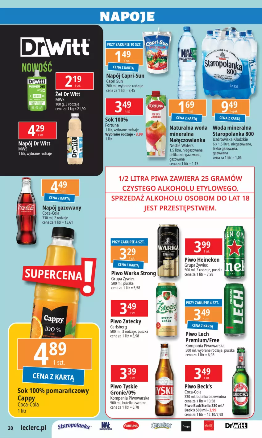 Gazetka promocyjna E Leclerc - ważna 03.12 do 15.11.2024 - strona 20 - produkty: Carlsberg, Coca-Cola, Heineken, Lech Premium, Nałęczowianka, Napój, Napój gazowany, Piwo, Sok, Staropolanka, Tyskie, Warka, Woda, Woda mineralna