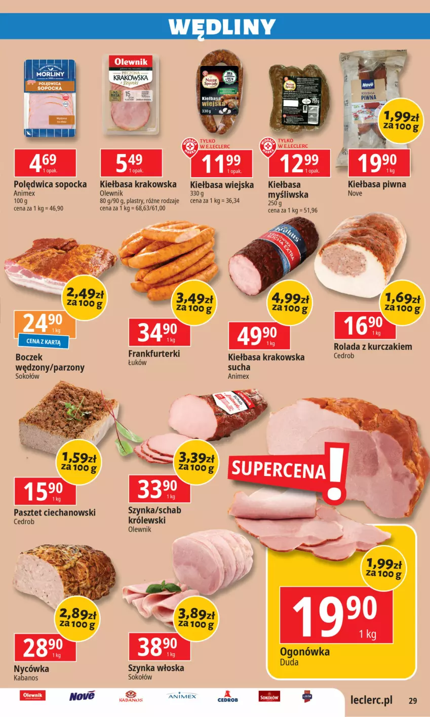 Gazetka promocyjna E Leclerc - ważna 03.12 do 15.11.2024 - strona 29 - produkty: Boczek, Kabanos, Kiełbasa, Kiełbasa krakowska, Kiełbasa piwna, Kiełbasa wiejska, Królewski, Kurczak, Ogonówka, Olewnik, Pasztet, Polędwica, Rolada, Sok, Sokołów, Szynka