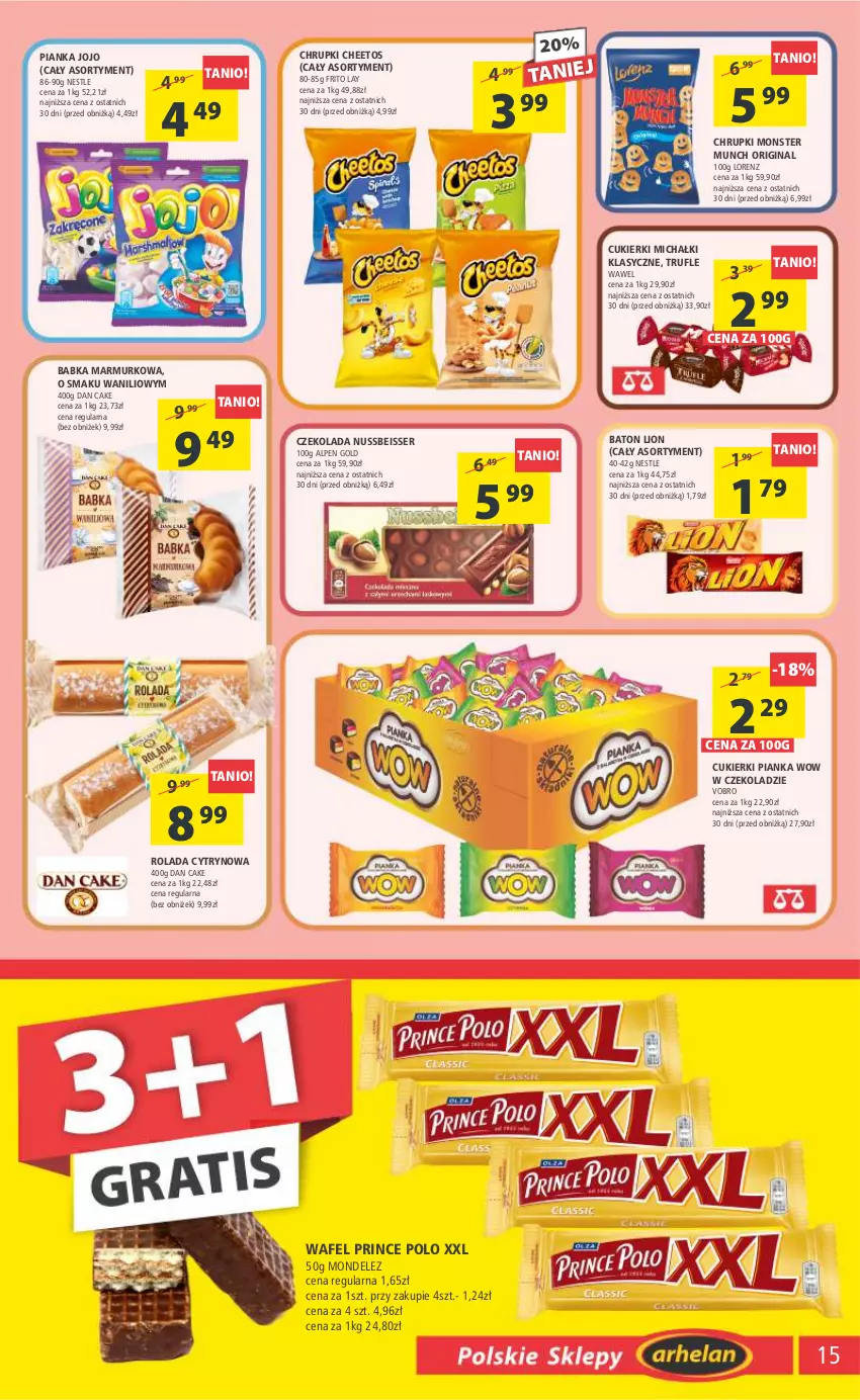 Gazetka promocyjna Arhelan - Gazetka - ważna 07.04 do 16.04.2023 - strona 15 - produkty: Babka, Baton, Cheetos, Chrupki, Cukier, Cukierki, Czekolada, Dan Cake, Gin, Lion, Lorenz, Michałki, Monster Munch, Prince Polo, Rolada, Ser, Wawel