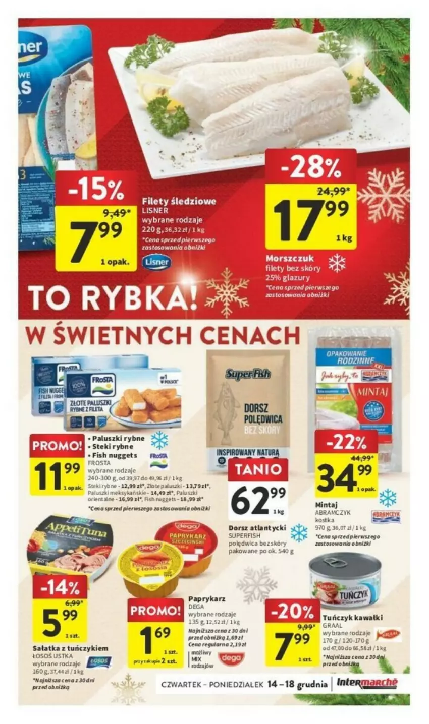 Gazetka promocyjna Intermarche - ważna 14.12 do 18.12.2023 - strona 14 - produkty: Dega, Dorsz, Frosta, Gra, Graal, Kawa, Mintaj, Paluszki rybne, Polędwica, Sałat, Sałatka, Stek, Tuńczyk