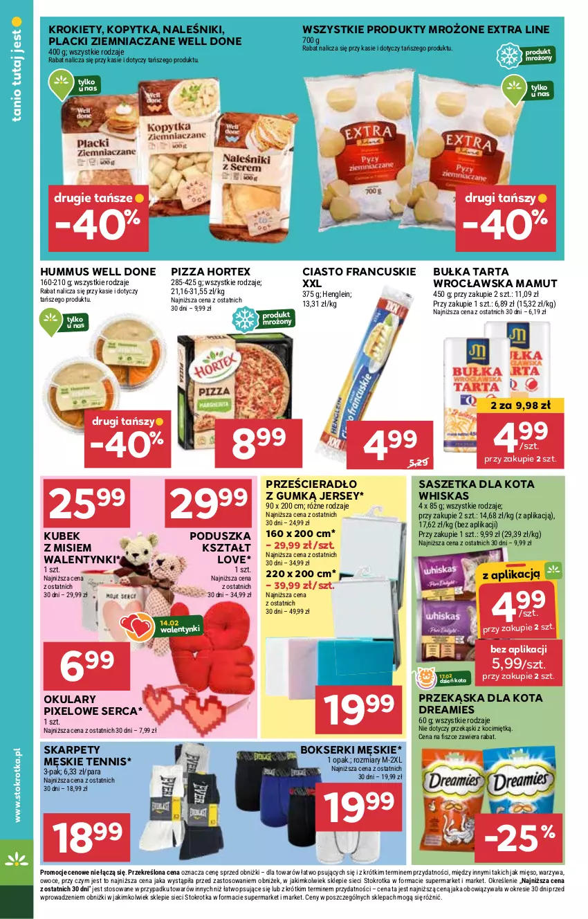 Gazetka promocyjna Stokrotka - Market - ważna 13.02 do 19.02.2025 - strona 12 - produkty: Bokserki, Bułka, Bułka tarta, Ciasto francuskie, Hortex, Hummus, Karp, Koc, Kopytka, Krokiety, Kubek, Lack, Mięso, Mus, Naleśniki, Owoce, Pizza, Poduszka, Produkty mrożone, Prześcieradło, Ser, Tarta, Warzywa, Whiskas