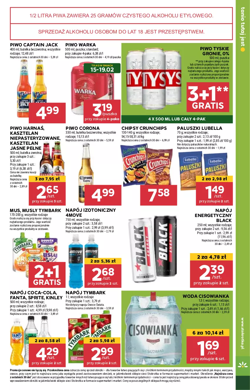 Gazetka promocyjna Stokrotka - Market - ważna 13.02 do 19.02.2025 - strona 13 - produkty: Bell, Bella, Captain Jack, Chipsy, Cisowianka, Coca-Cola, Crunchips, Fa, Fanta, Gra, Harnaś, Kasztelan, Lack, Lubella, Mięso, Mus, Napój, Napój energetyczny, Napój izotoniczny, Owoce, Piwa, Piwo, Por, Sprite, Tymbark, Tyskie, Warka, Warzywa, Woda